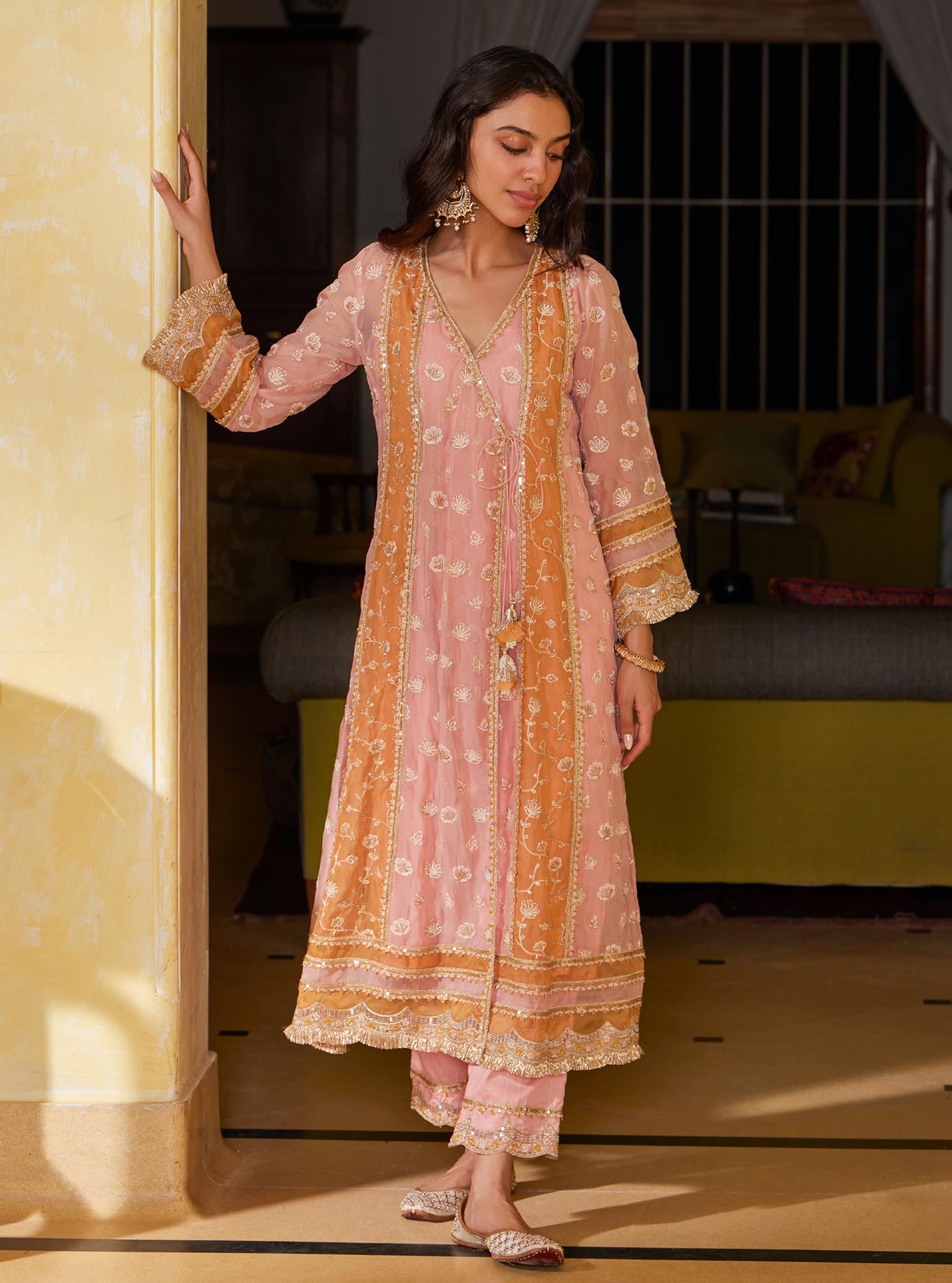Mulmul Organza Panya Anarkali Pink Kurta With Mulmul Pima Panya Pink Pant