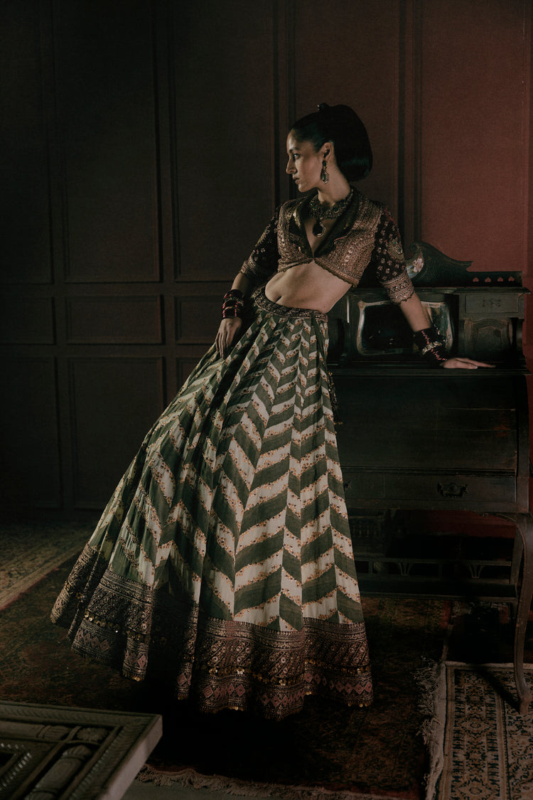 Olive Printed Lehenga Set