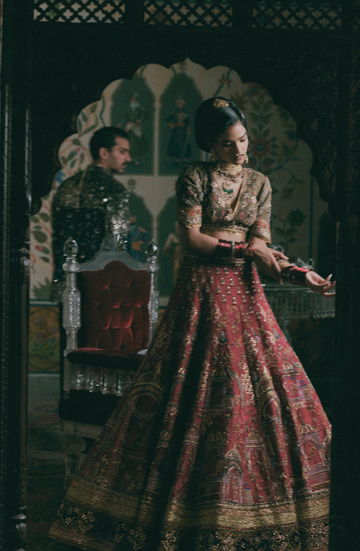 Rumba Red Raw Silk Lengha Set