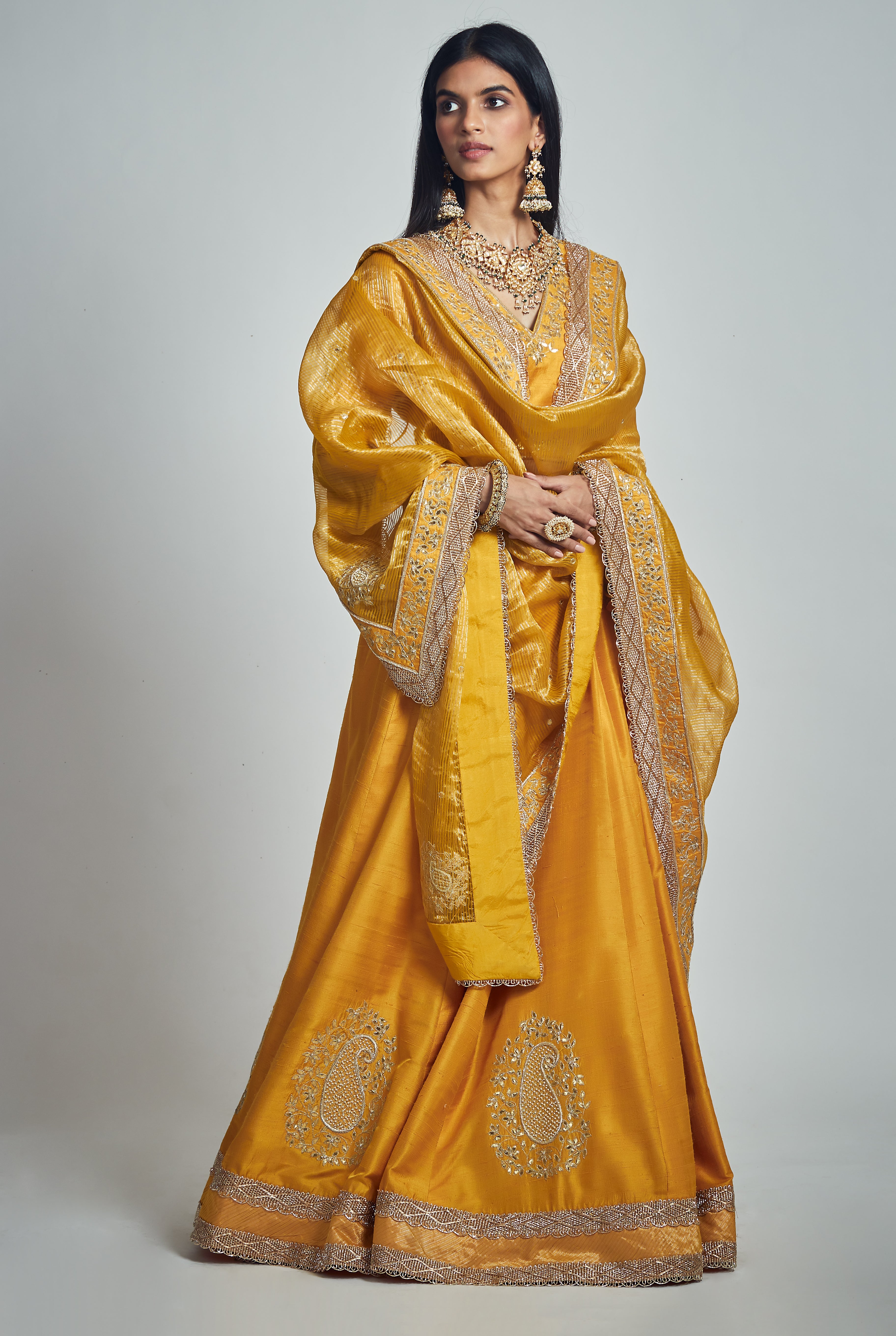 Razaana- Happy Mustard Gota Patti Embroidered Lehenga With Blouse And Dupatta