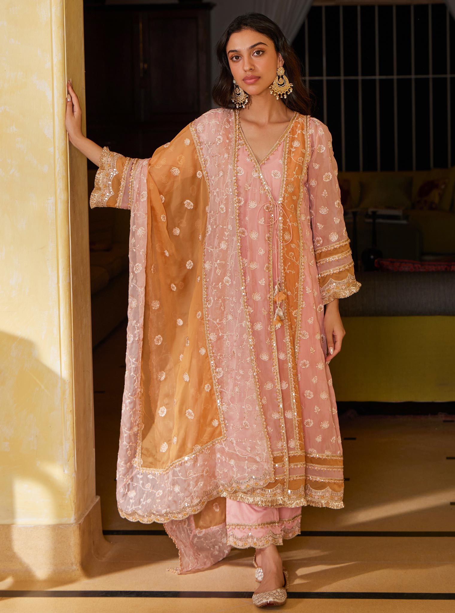 Mulmul Organza Panya Anarkali Pink Kurta With Mulmul Pima Panya Pink Pant