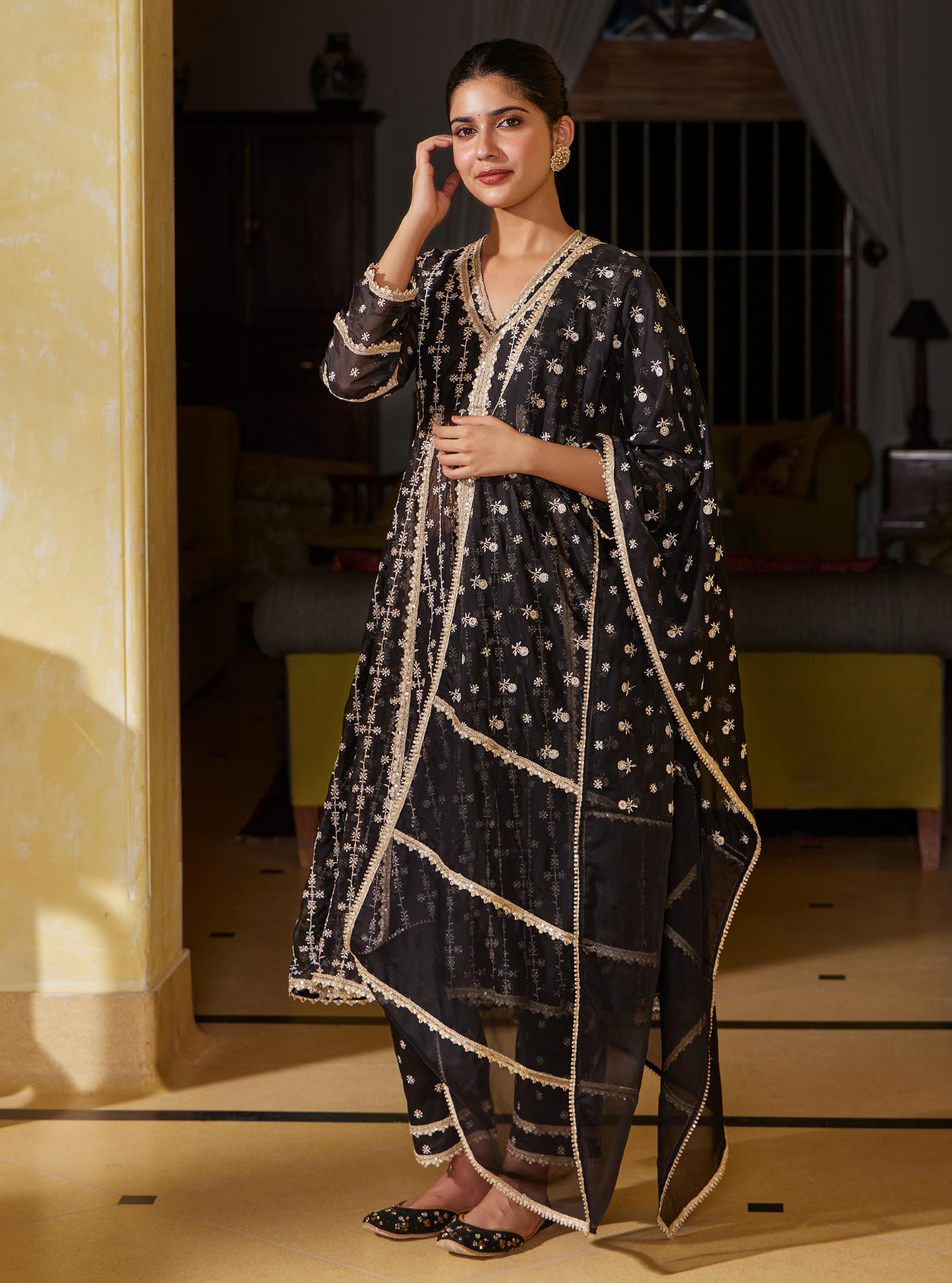 Mulmul Organza Simhi Anarkali Black Kurta With Mulmul Pima Simhi Black Pant