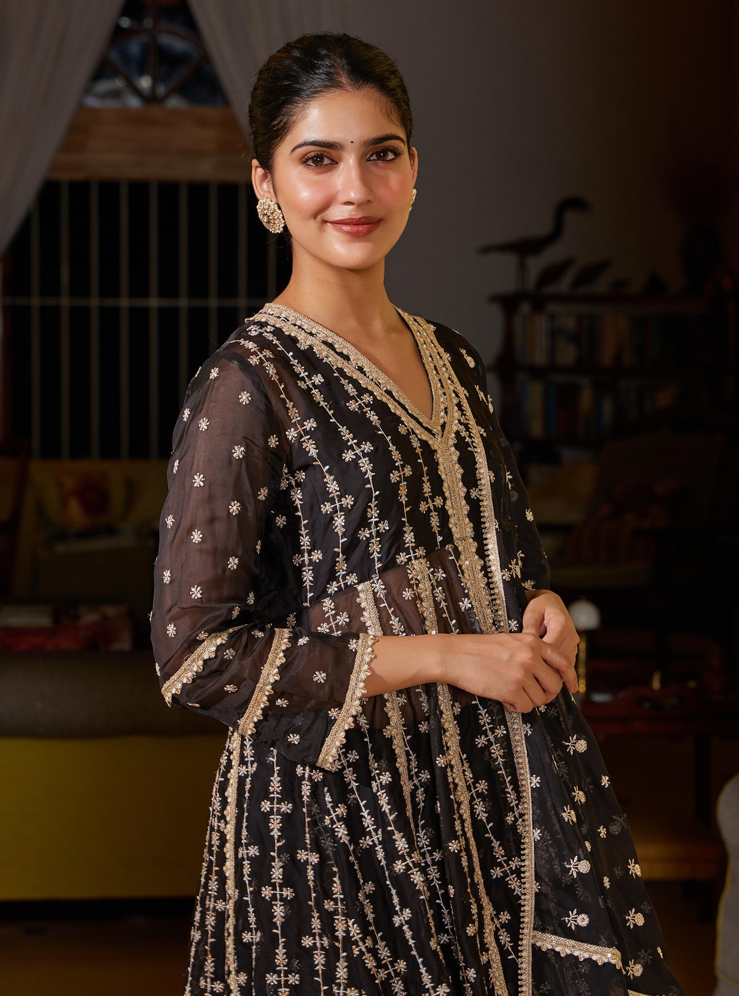 Mulmul Organza Simhi Anarkali Black Kurta With Mulmul Pima Simhi Black Pant