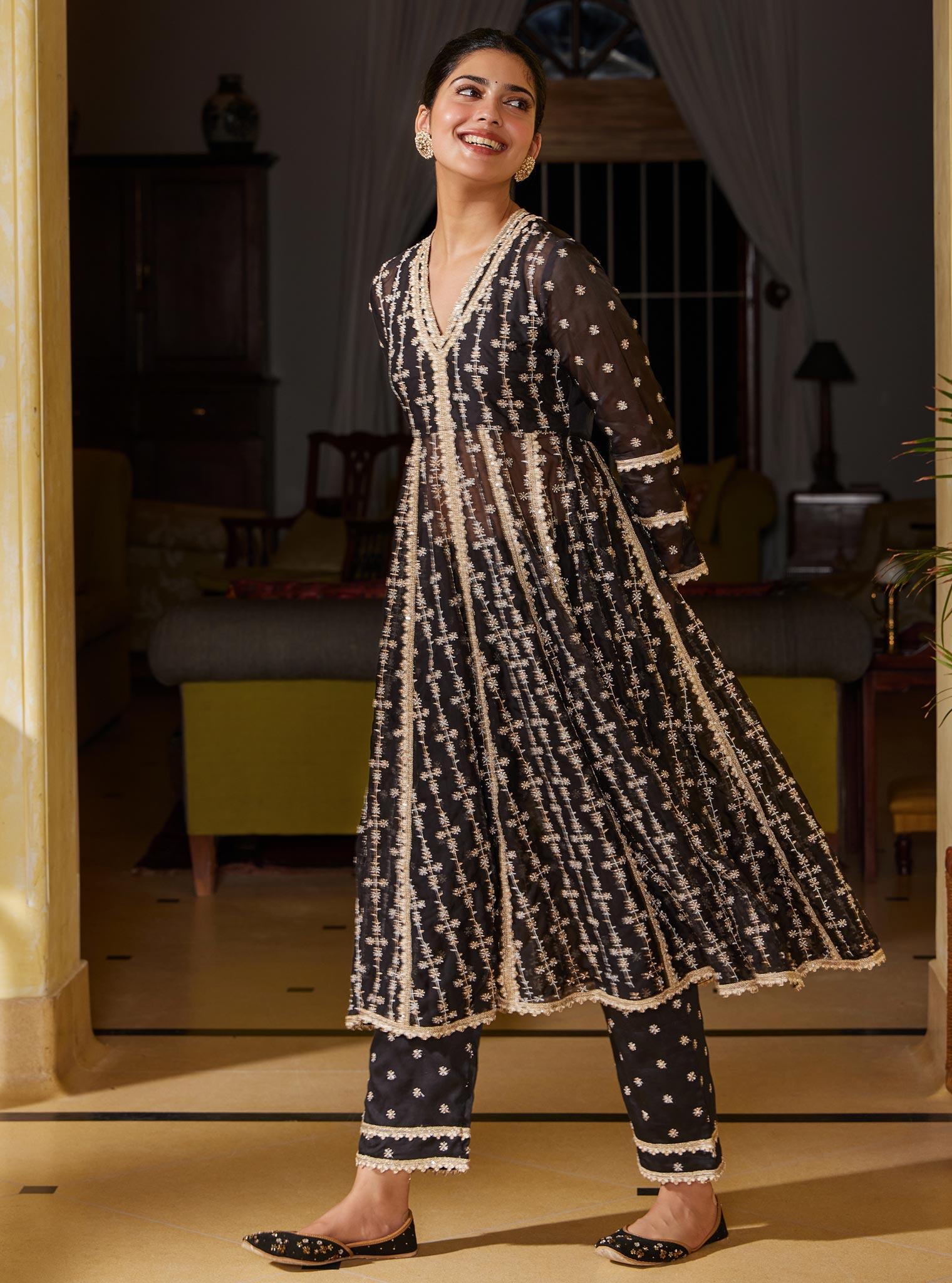 Mulmul Organza Simhi Anarkali Black Kurta With Mulmul Pima Simhi Black Pant