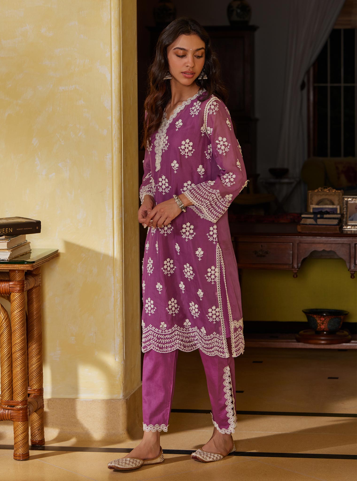 Mulmul Organza Aruni Lilac Kurta With Mulmul Pima Aruni Lilac Pant