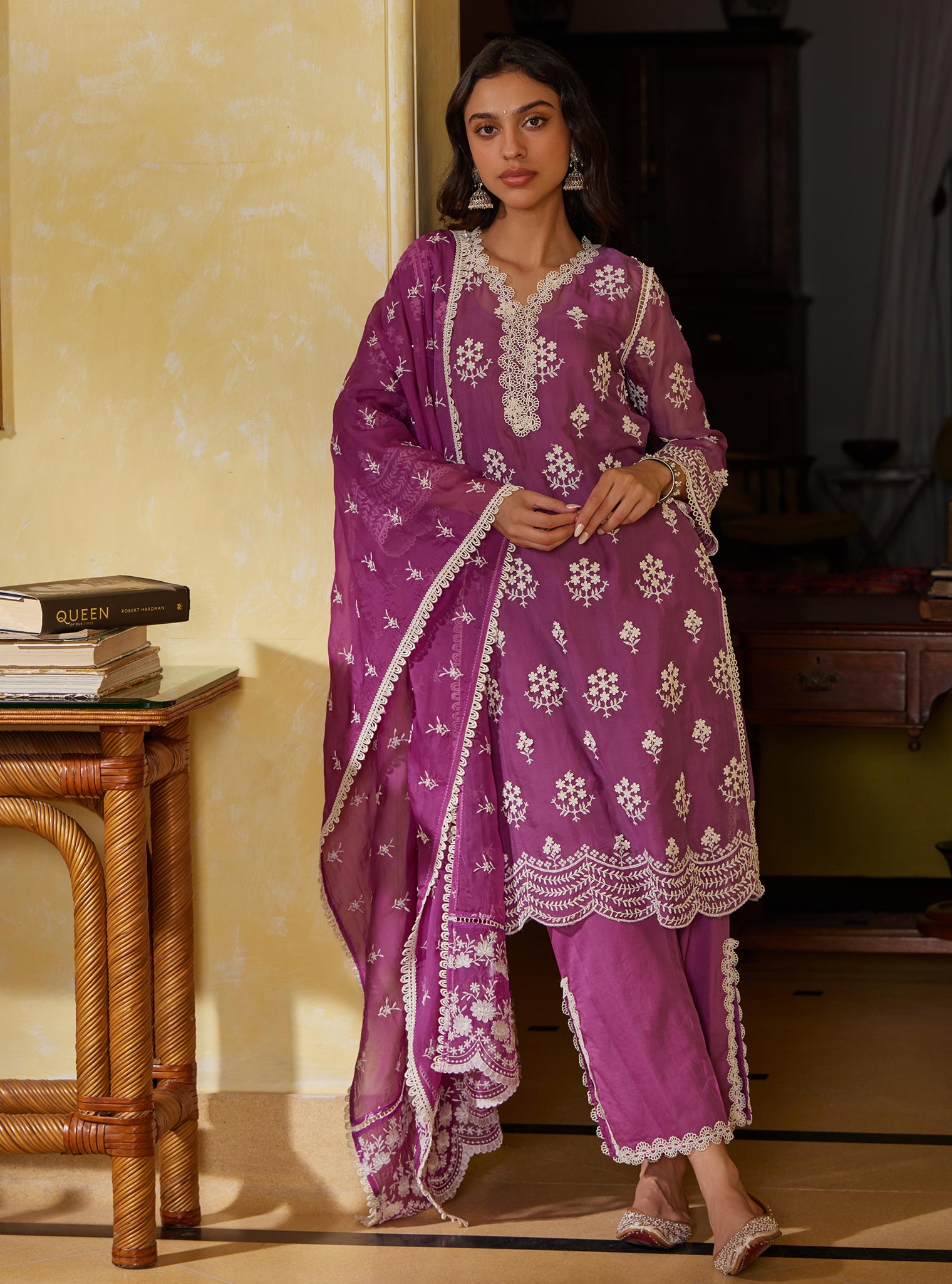 Mulmul Organza Aruni Lilac Kurta With Mulmul Pima Aruni Lilac Pant