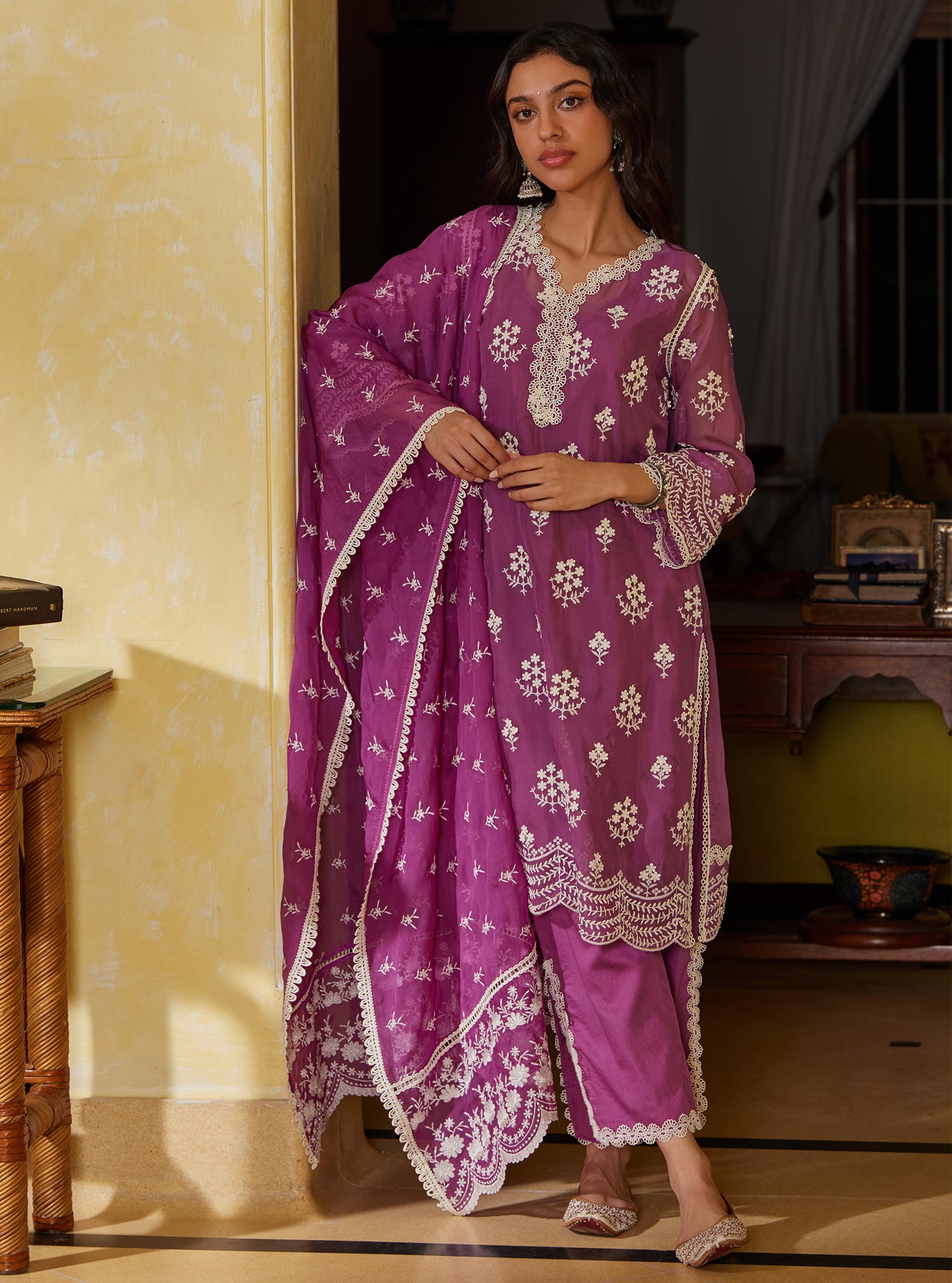 Mulmul Organza Aruni Lilac Kurta With Mulmul Pima Aruni Lilac Pant