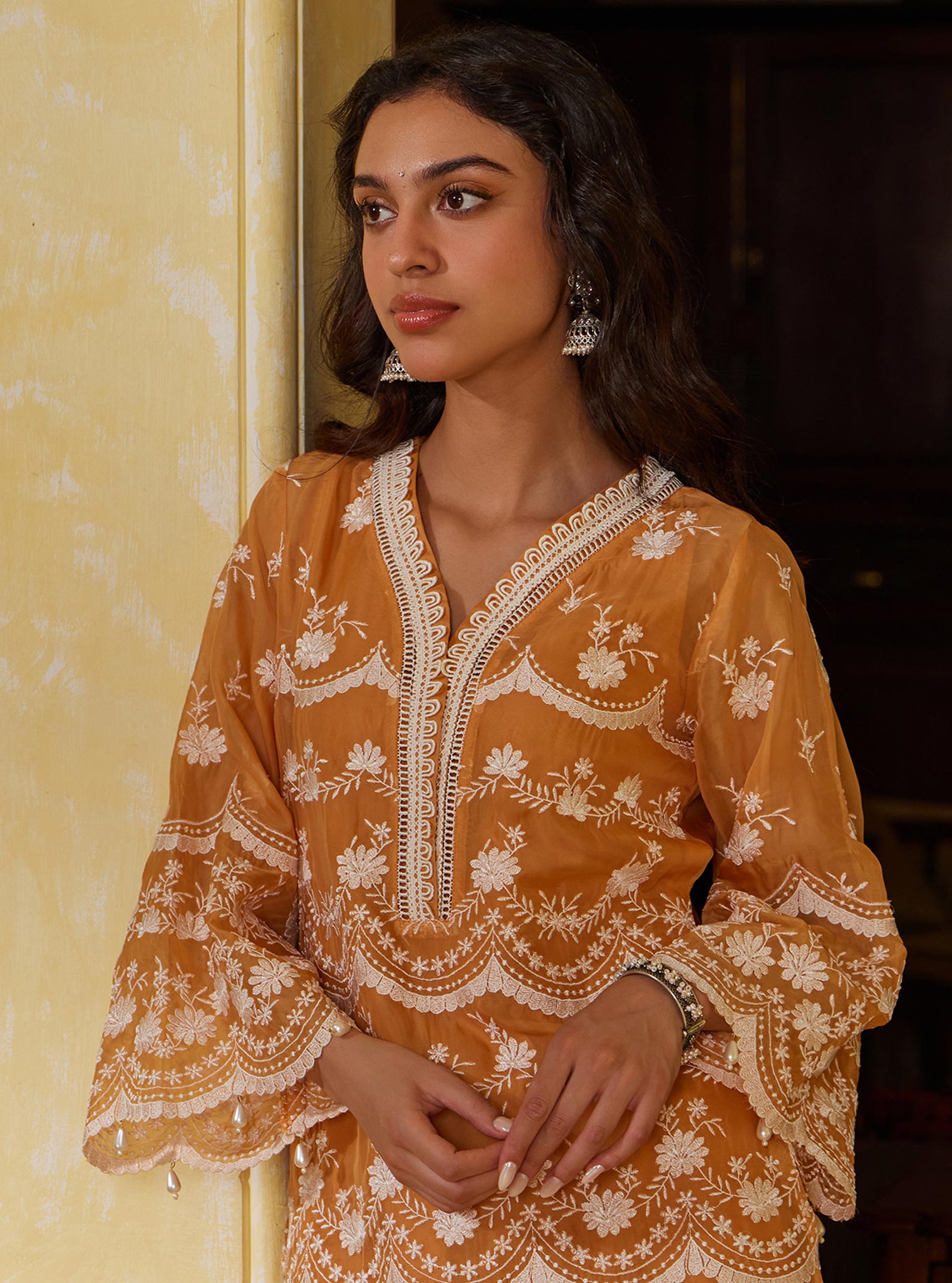 Mulmul Organza Ditsa Orange Kurta With Mulmul Pima Ditsa Orange Garara