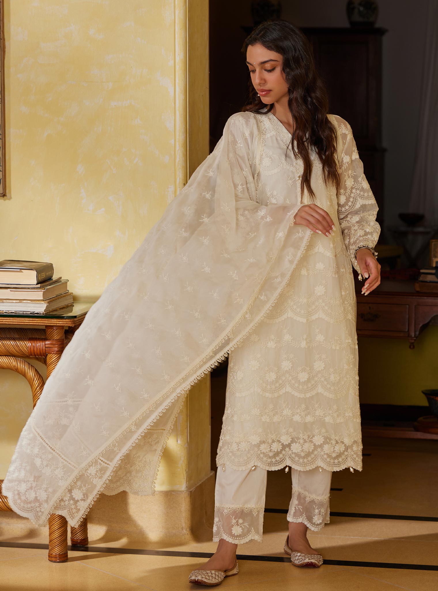 Mulmul Organza Ivati Off White Kurta With Mulmul Pima Ivati Off White Pant