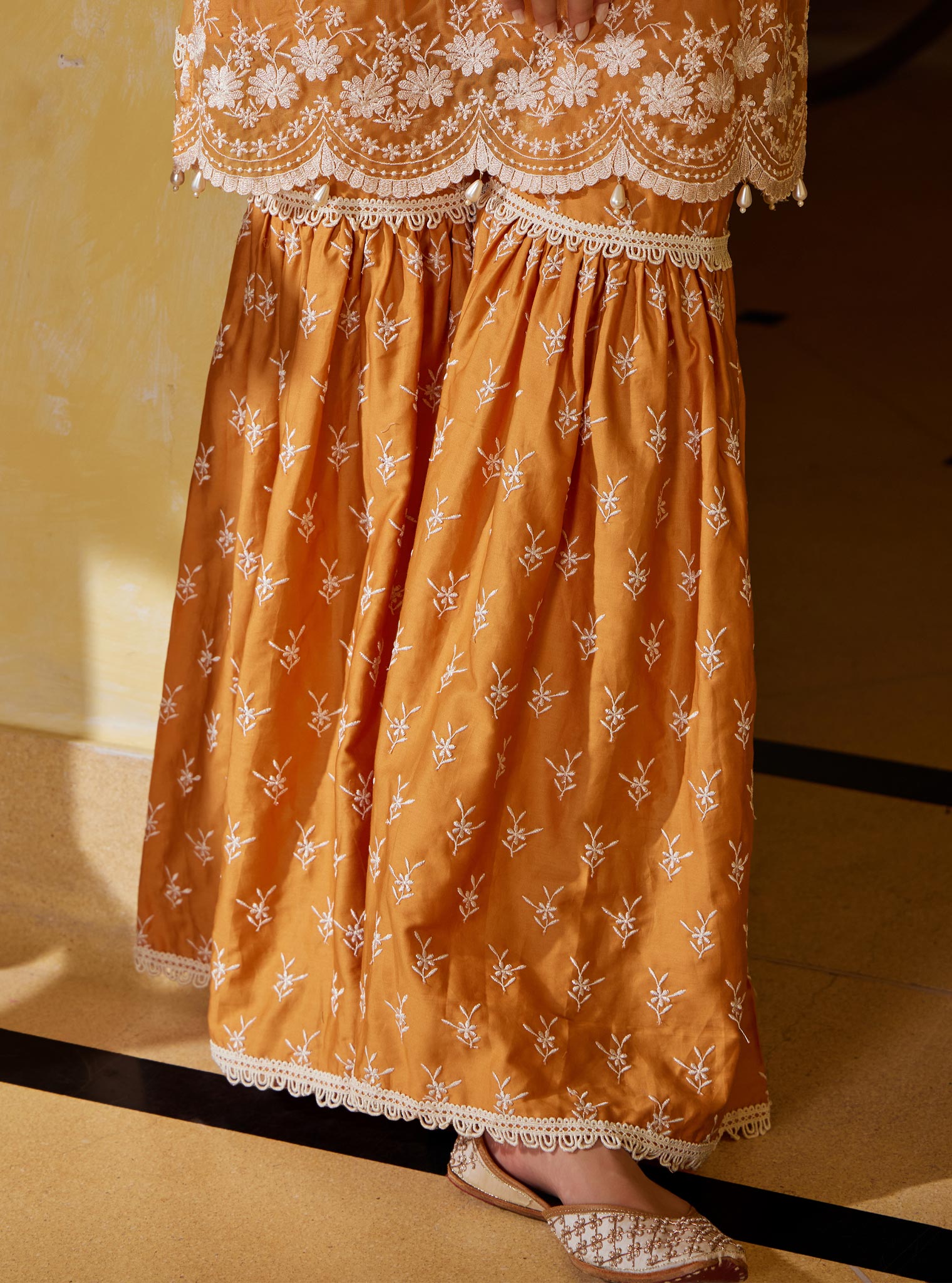 Mulmul Organza Ditsa Orange Kurta With Mulmul Pima Ditsa Orange Garara