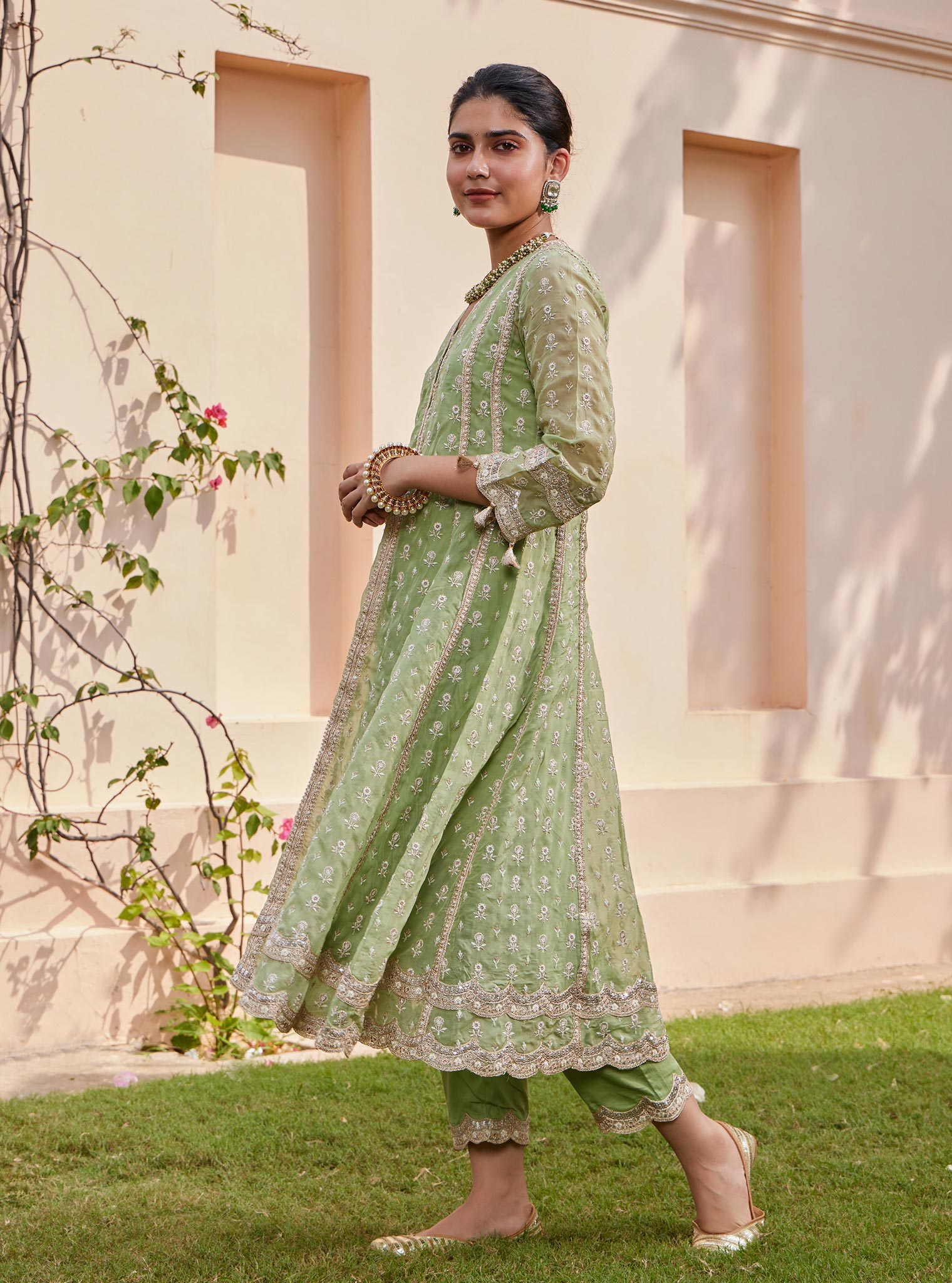 Mulmul Organza Smera Anarkali Green Kurta With Mulmul Pima Smera Green Pant