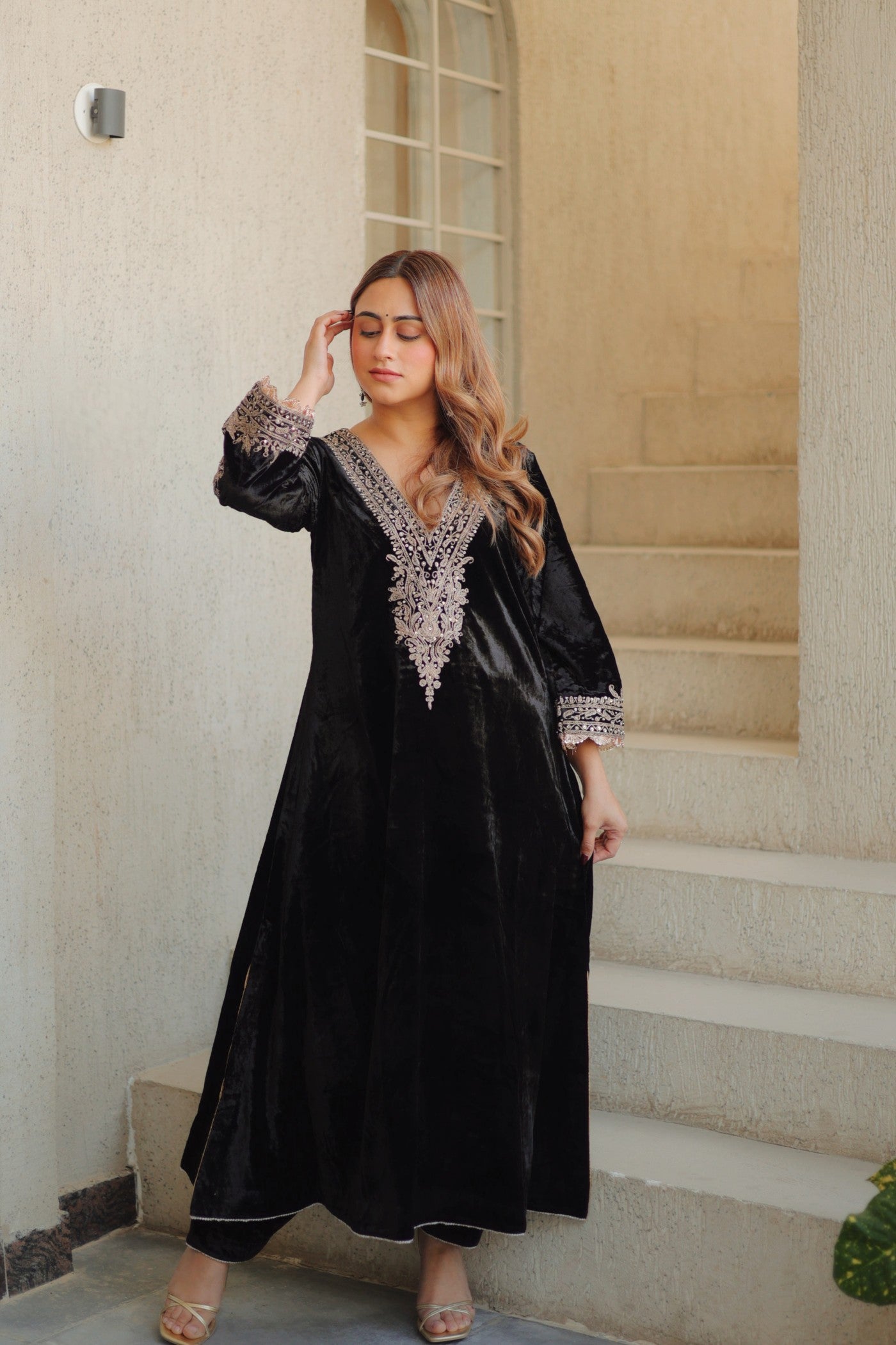 Rasha - Silk Velvet Long A-Line Chauga With Salwar