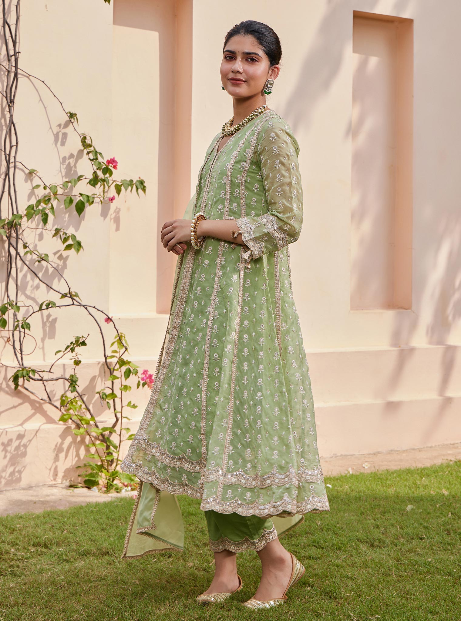 Mulmul Organza Smera Anarkali Green Kurta With Mulmul Pima Smera Green Pant