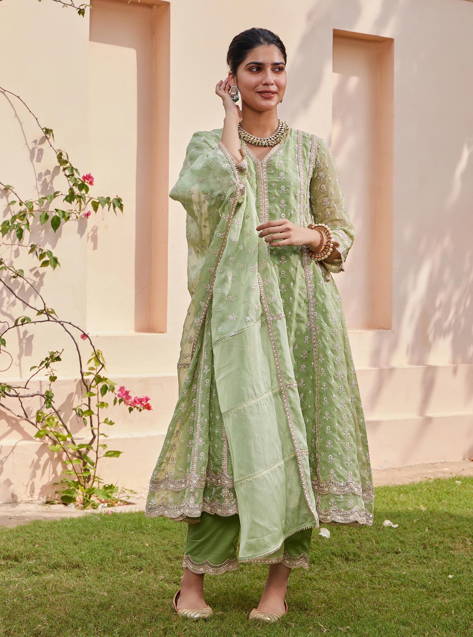 Mulmul Organza Smera Anarkali Green Kurta With Mulmul Pima Smera Green Pant