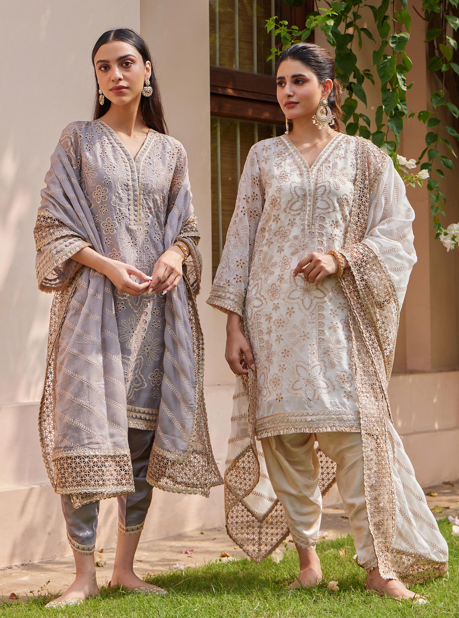 Mulmul Organza Ekani Off White Kurta With Mulmul Cupro Ekani Off White Salwar