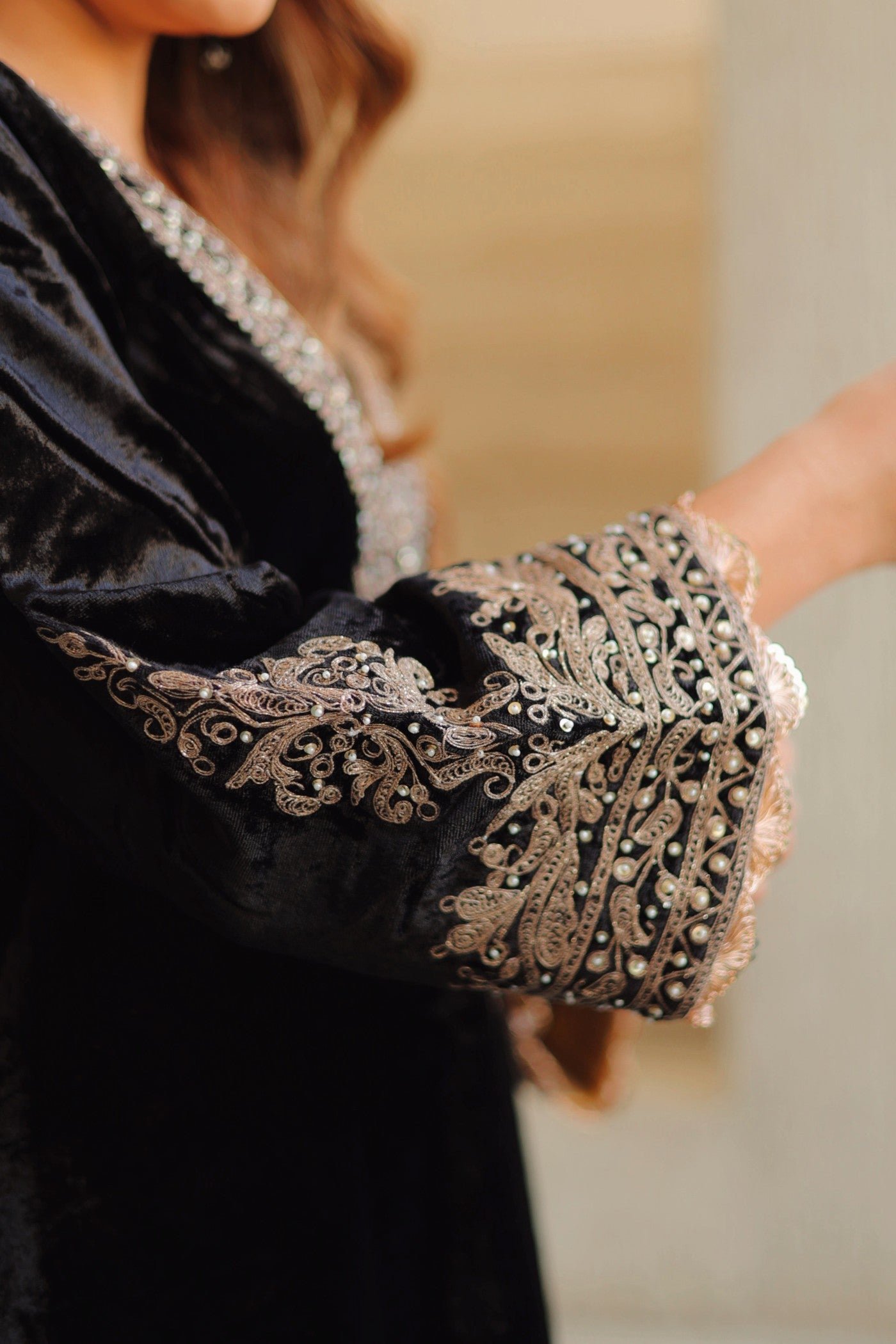 Rasha - Silk Velvet Long A-Line Chauga With Salwar