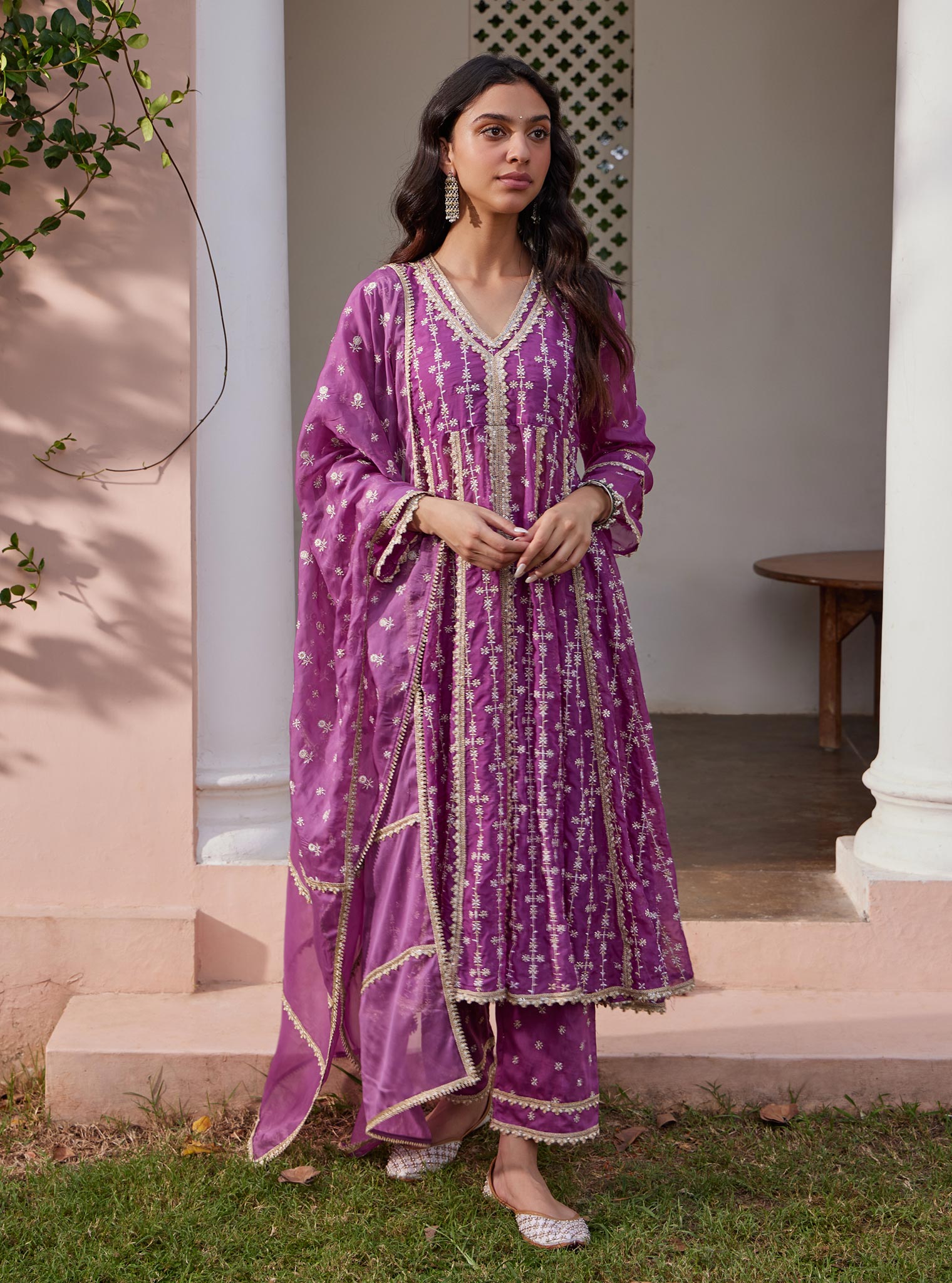 Mulmul Organza Simhi Anarkali Lilac Kurta With Mulmul Pima Simhi Lilac Pant