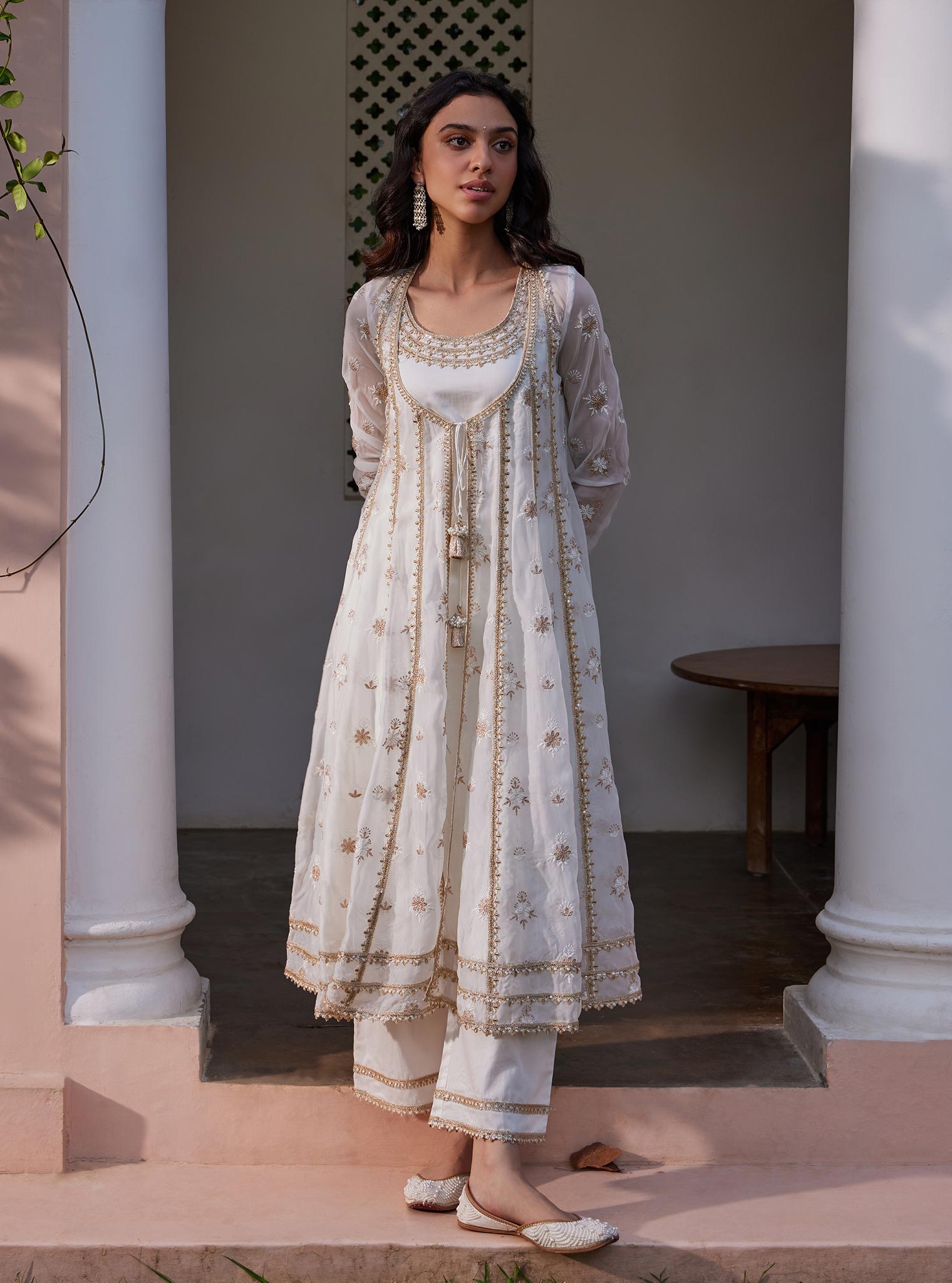 Mulmul Organza Agira Anarkali Off White Kurta With Mulmul Pima Agira Off White Pant