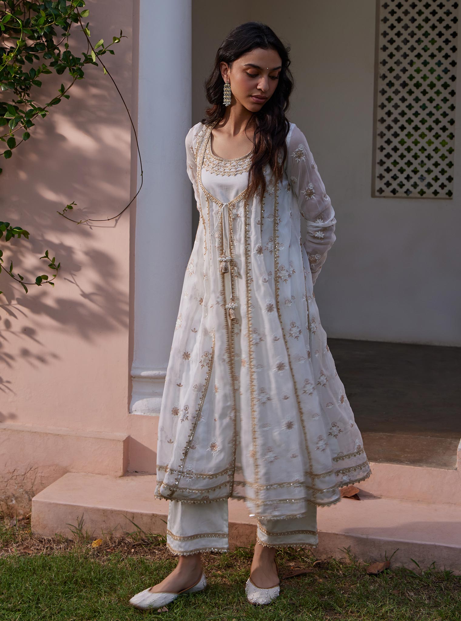 Mulmul Organza Agira Anarkali Off White Kurta With Mulmul Pima Agira Off White Pant