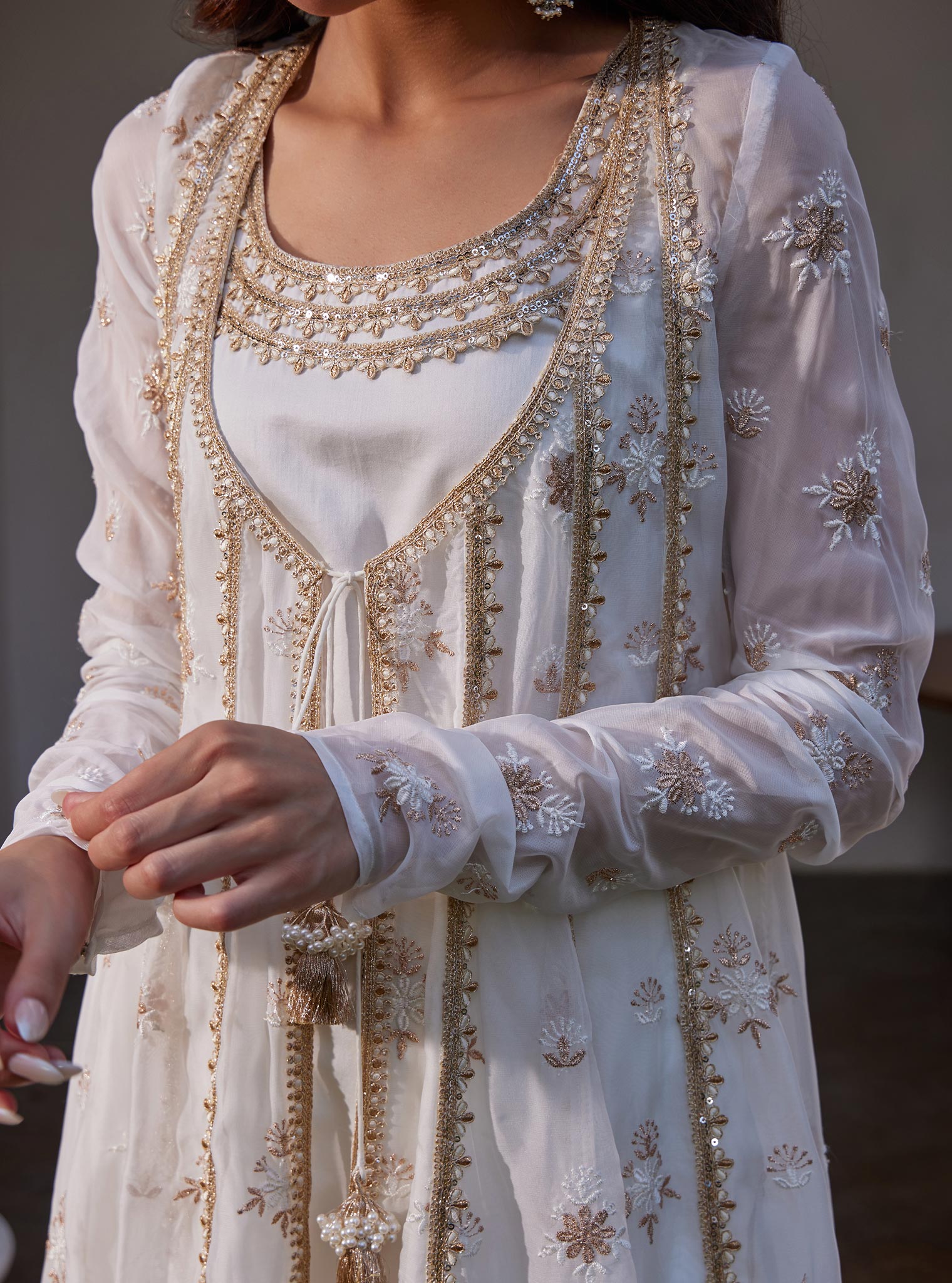 Mulmul Organza Agira Anarkali Off White Kurta With Mulmul Pima Agira Off White Pant