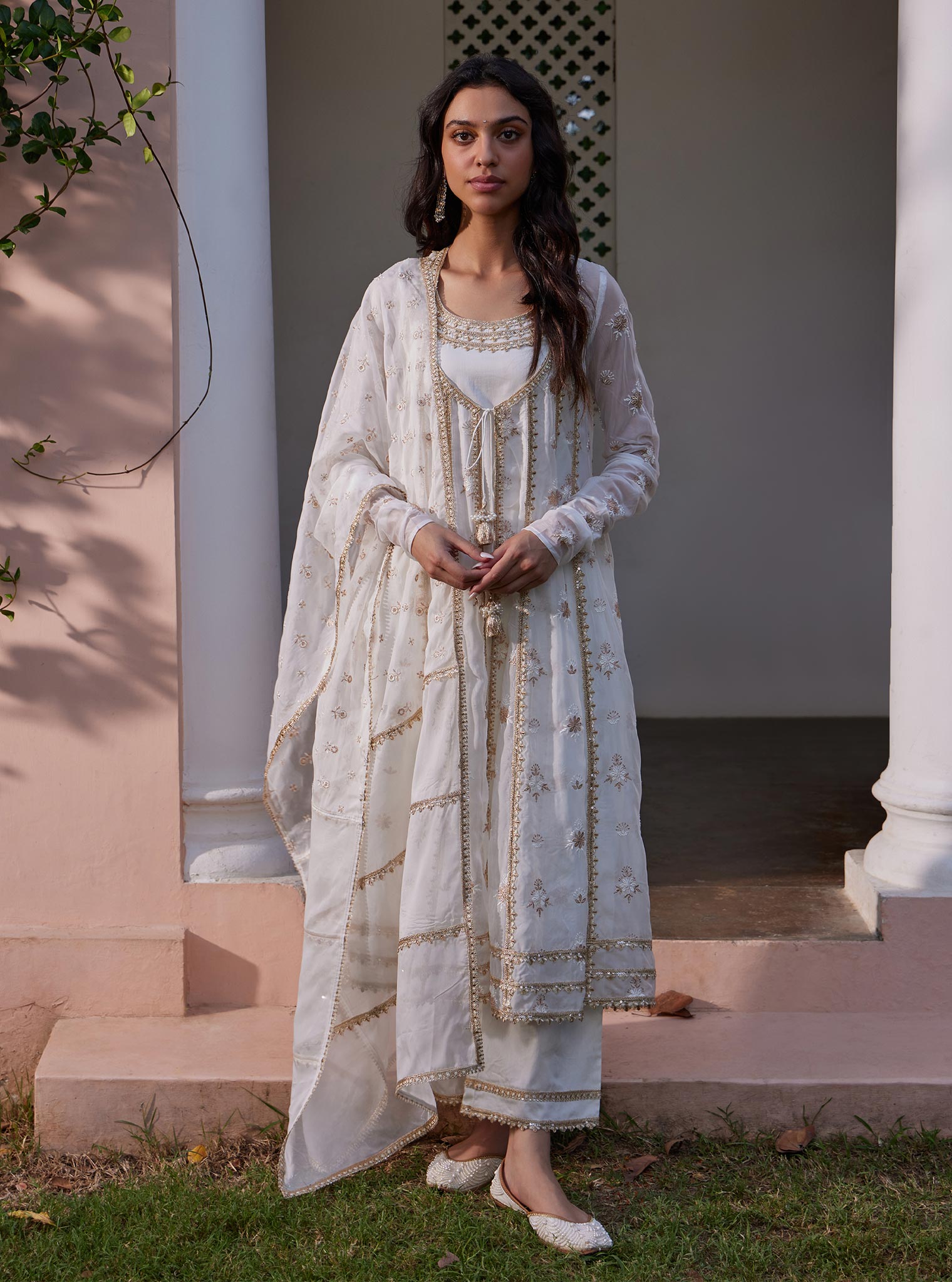 Mulmul Organza Agira Anarkali Off White Kurta With Mulmul Pima Agira Off White Pant
