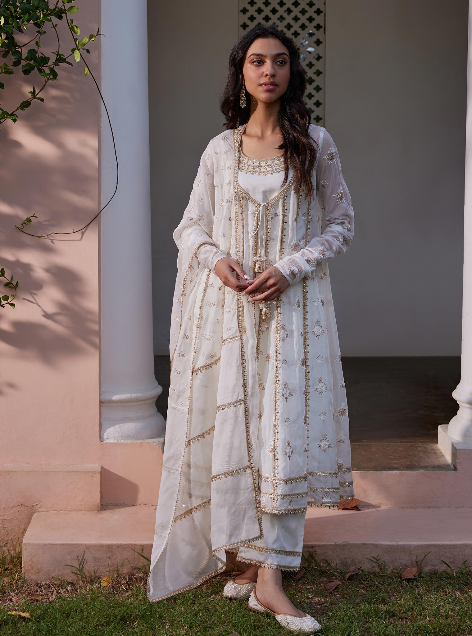 Mulmul Organza Agira Anarkali Off White Kurta With Mulmul Pima Agira Off White Pant