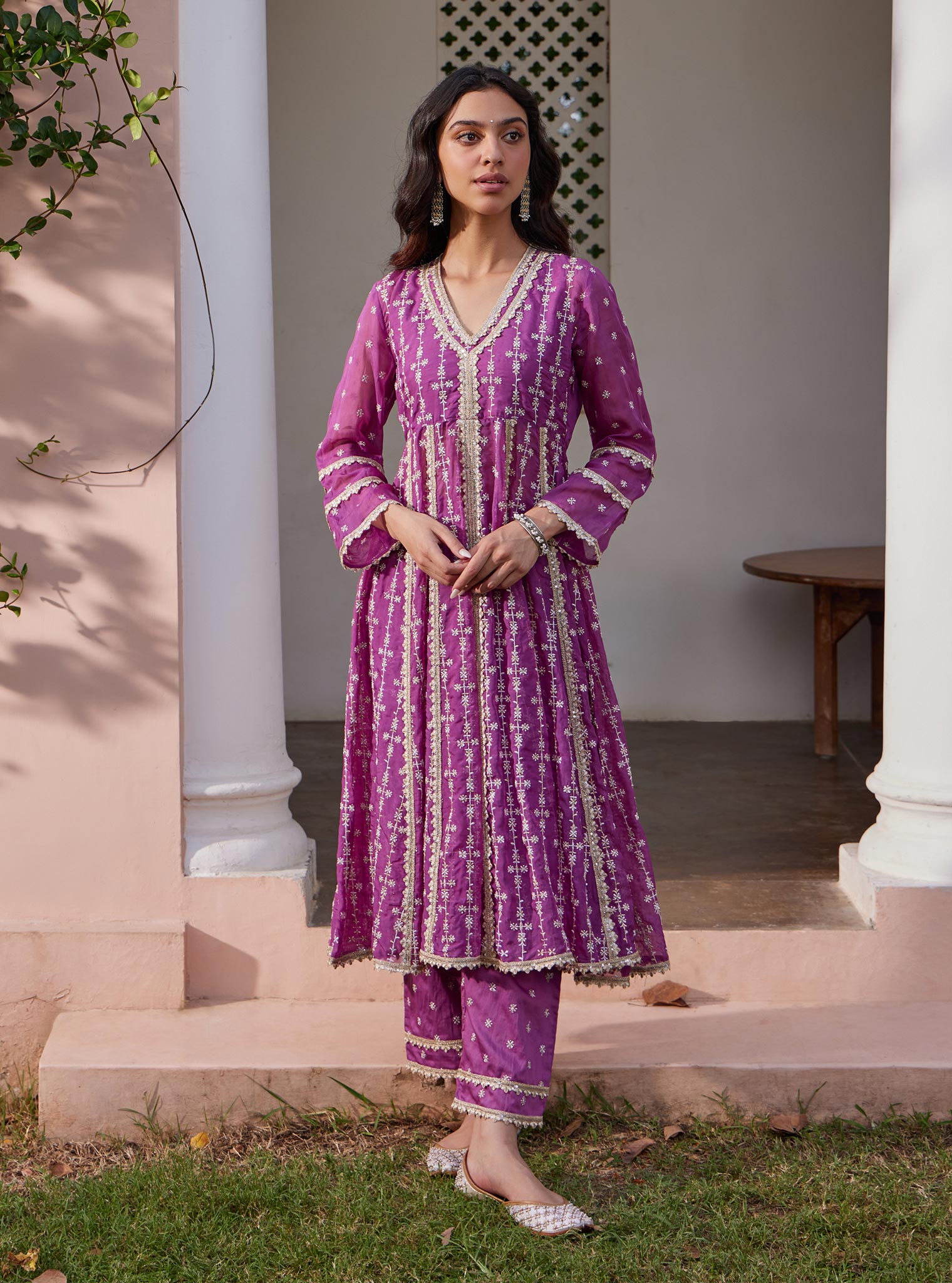 Mulmul Organza Simhi Anarkali Lilac Kurta With Mulmul Pima Simhi Lilac Pant