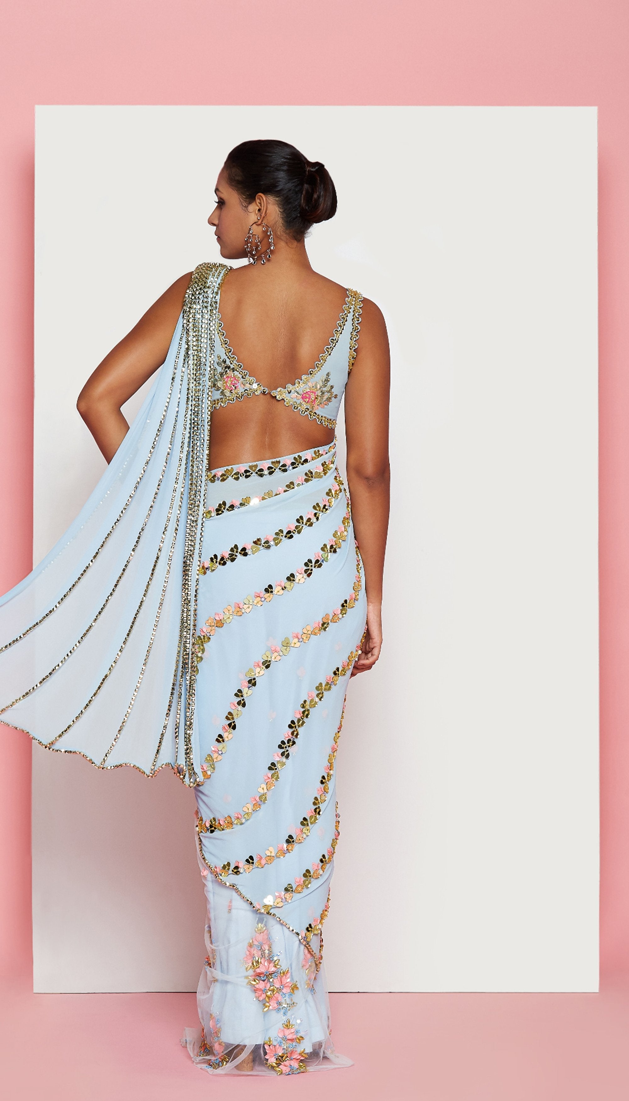 Richa Moorjani - Powder Blue Embroidered Pre-Stitched Saree Set