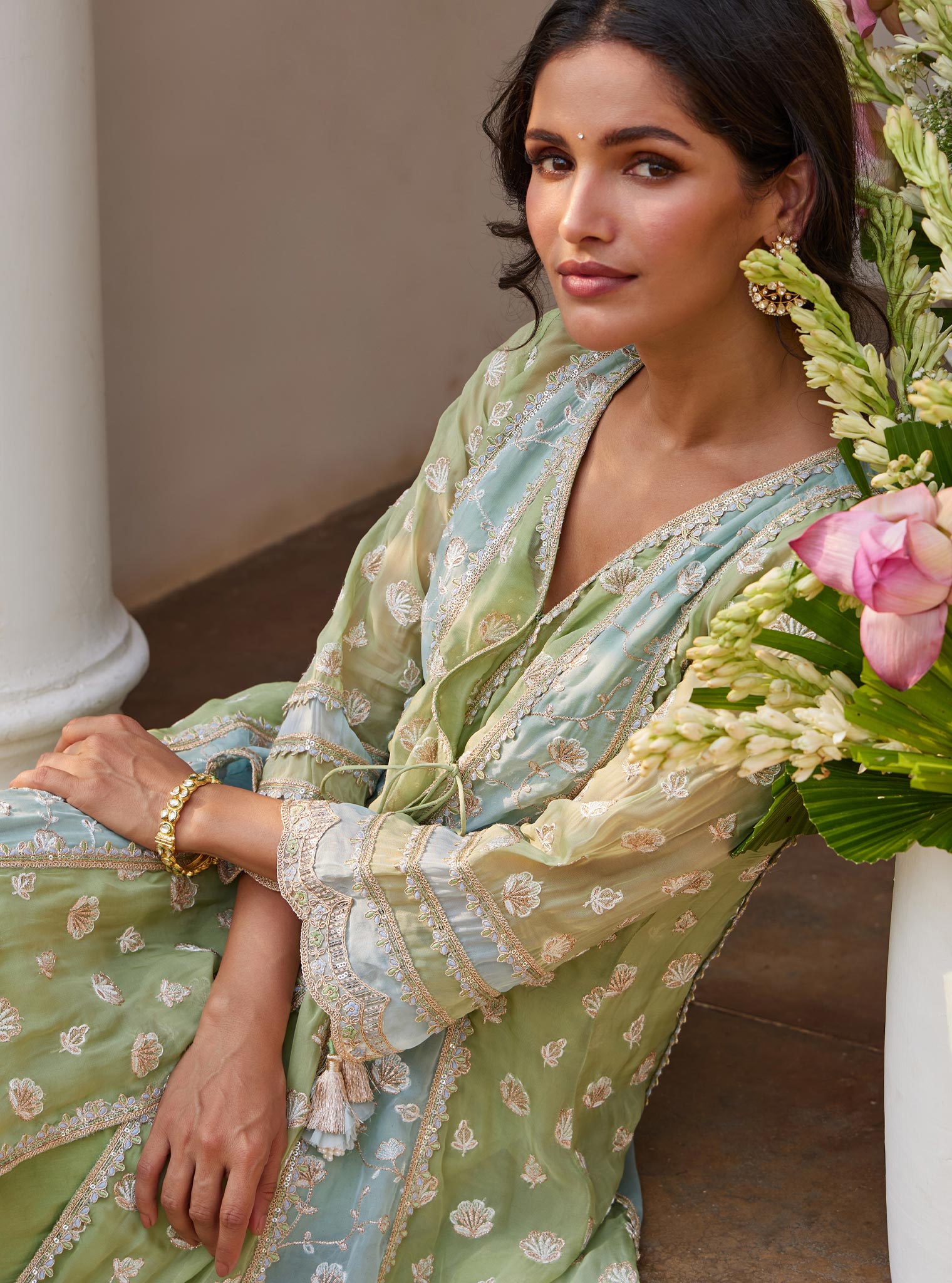 Mulmul Organza Panya Anarkali Green Kurta With Mulmul Pima Panya Green Pant