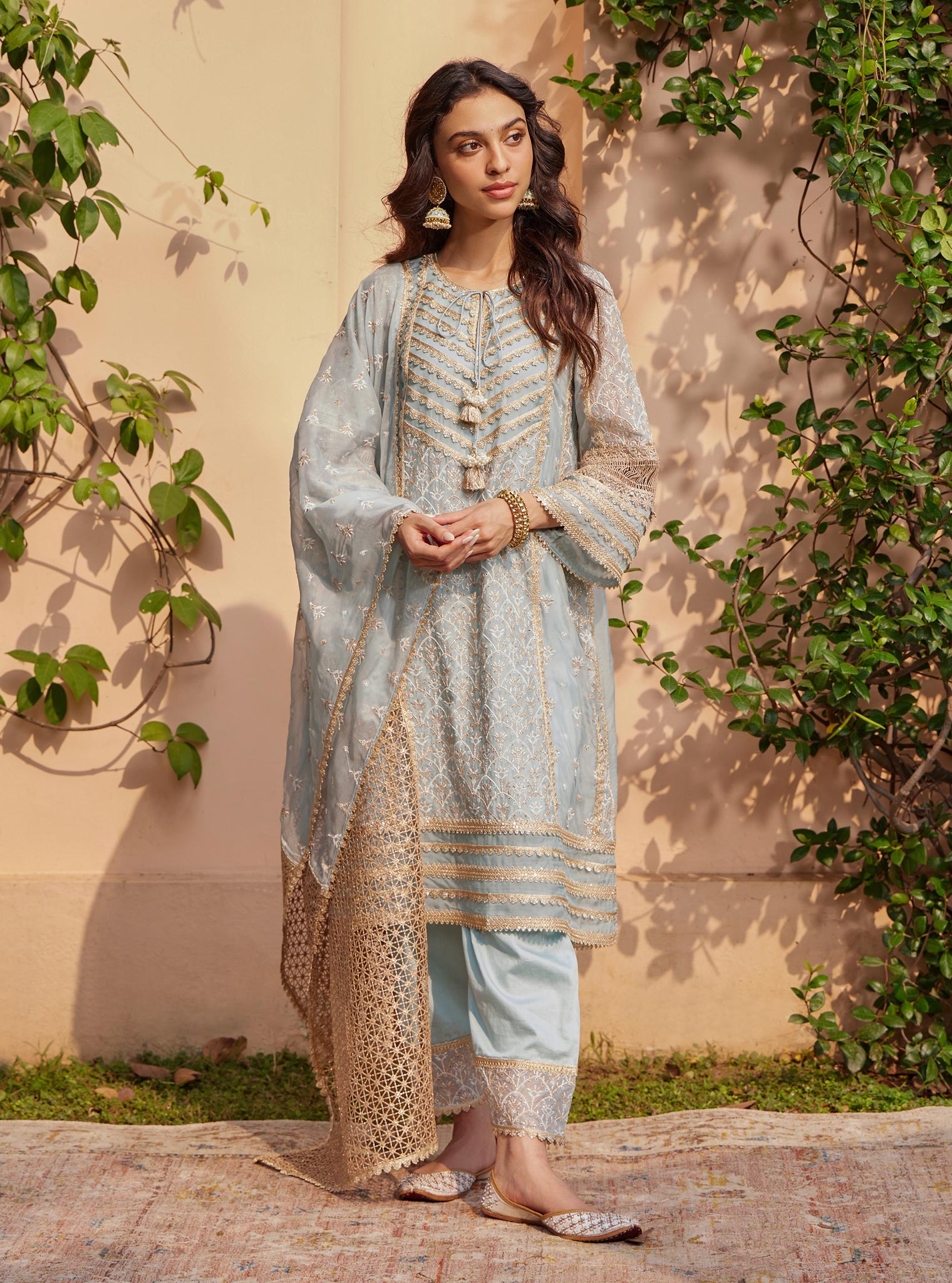Mulmul Organza Vipas Blue Kurta With Mulmul Pima Vipas Blue Salwar