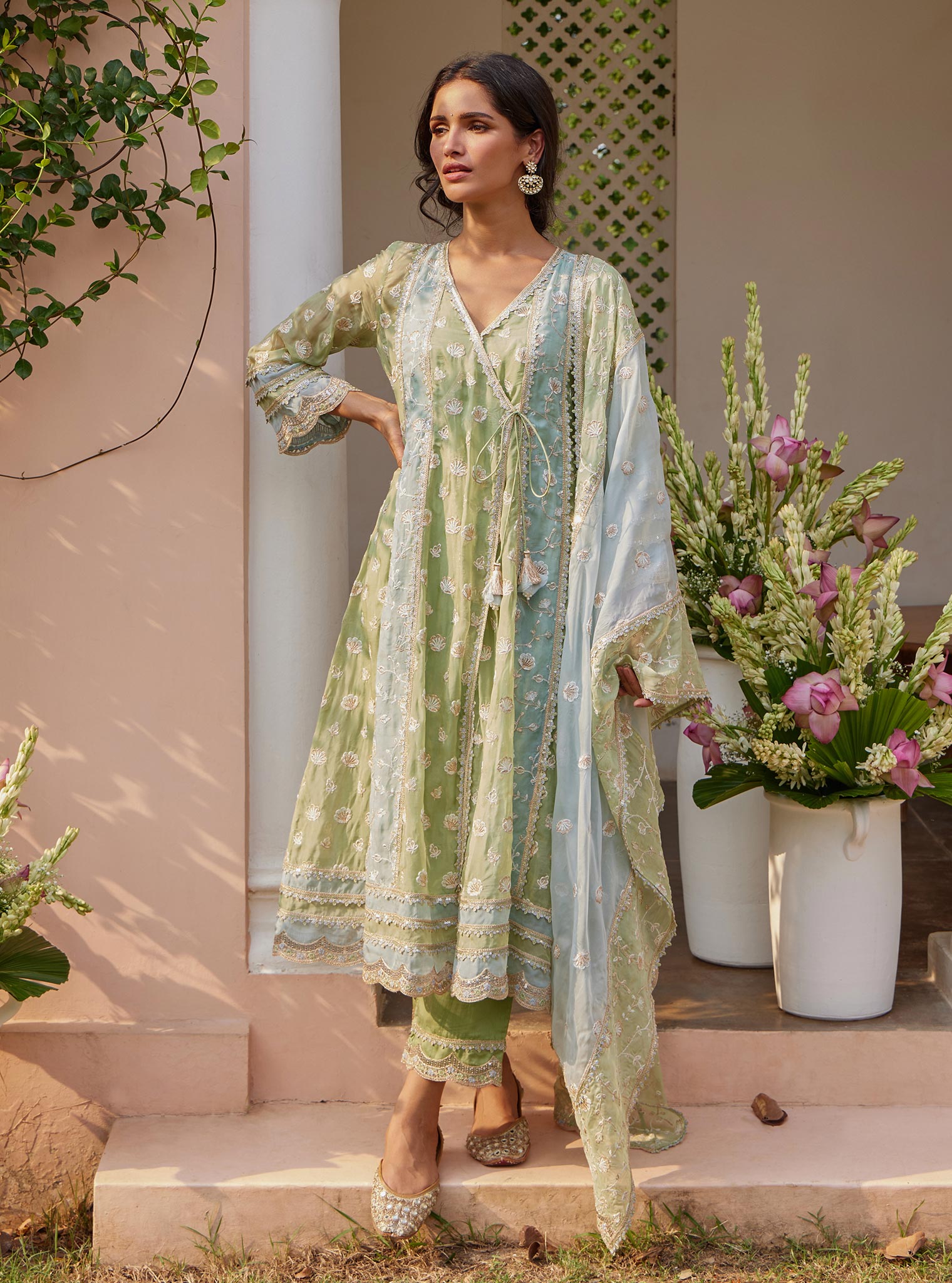 Mulmul Organza Panya Anarkali Green Kurta With Mulmul Pima Panya Green Pant