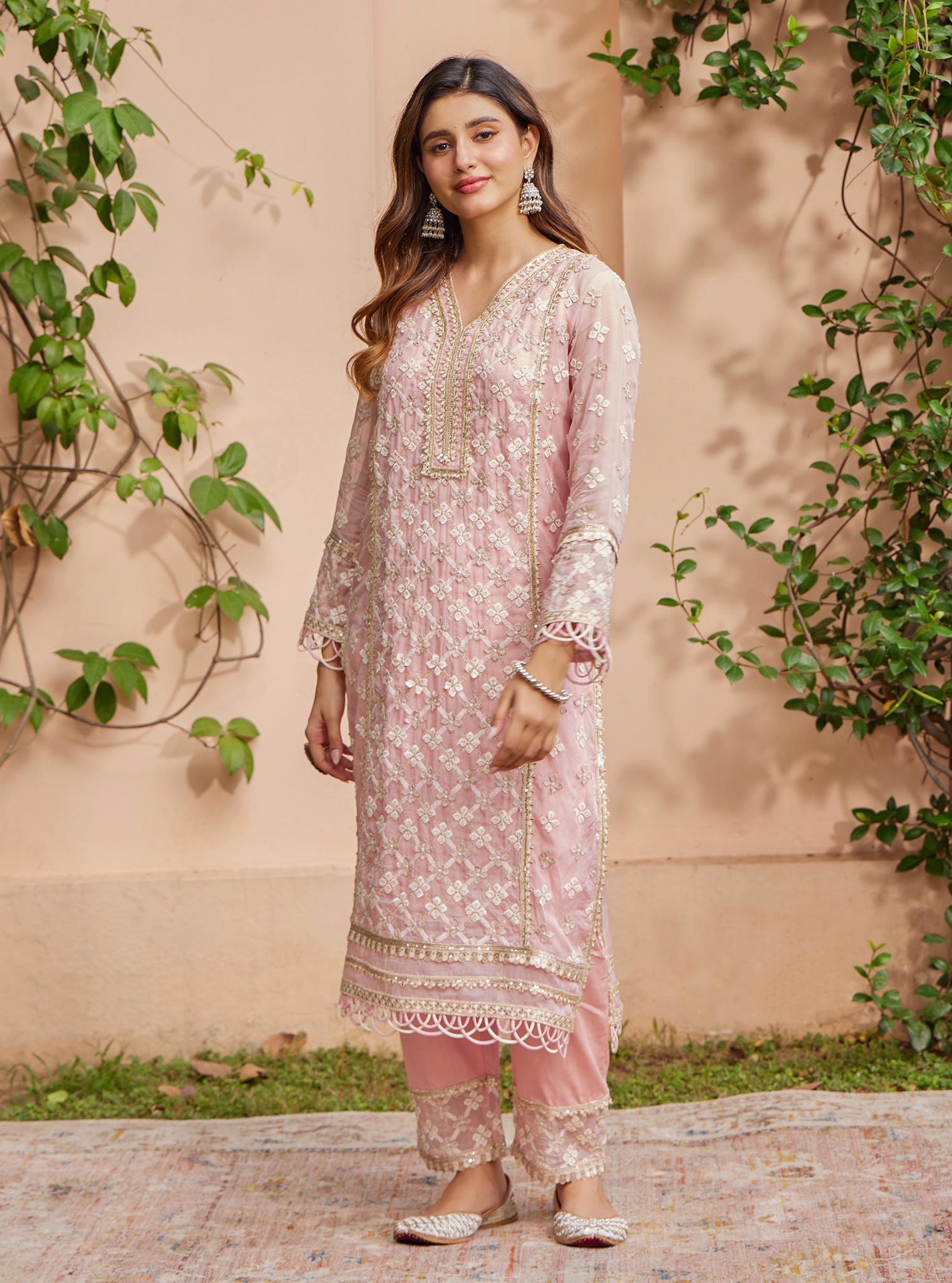 Mulmul Organza Citra Pink Kurta With Mulmul Pima Citra Pink Pant