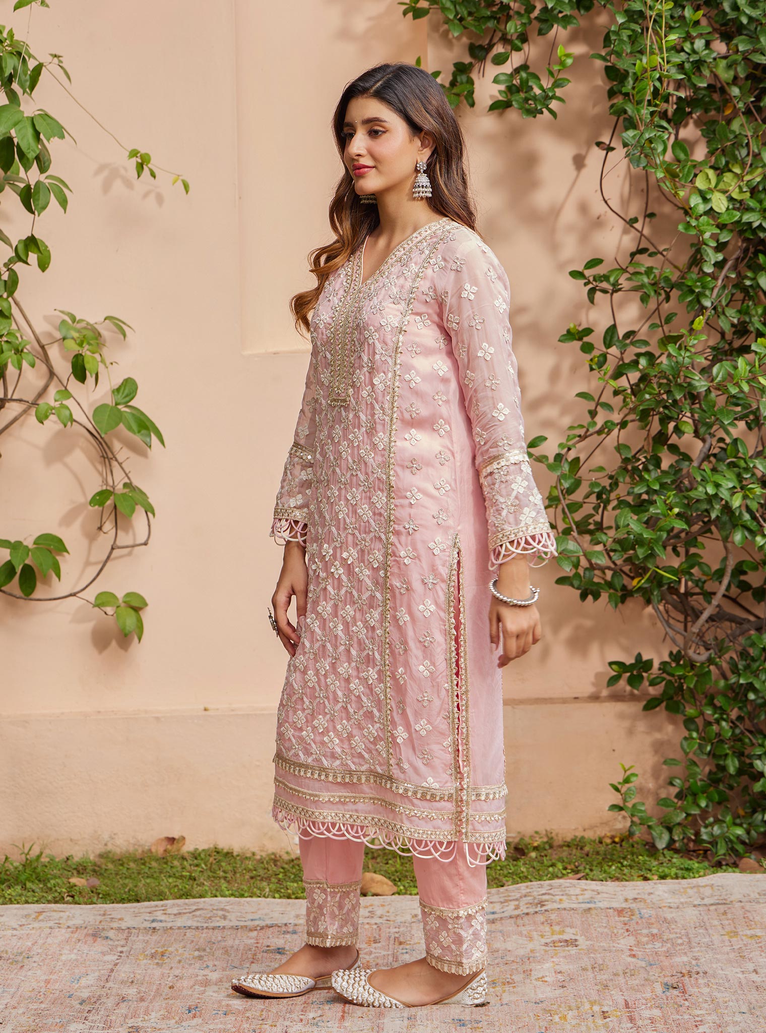 Mulmul Organza Citra Pink Kurta With Mulmul Pima Citra Pink Pant