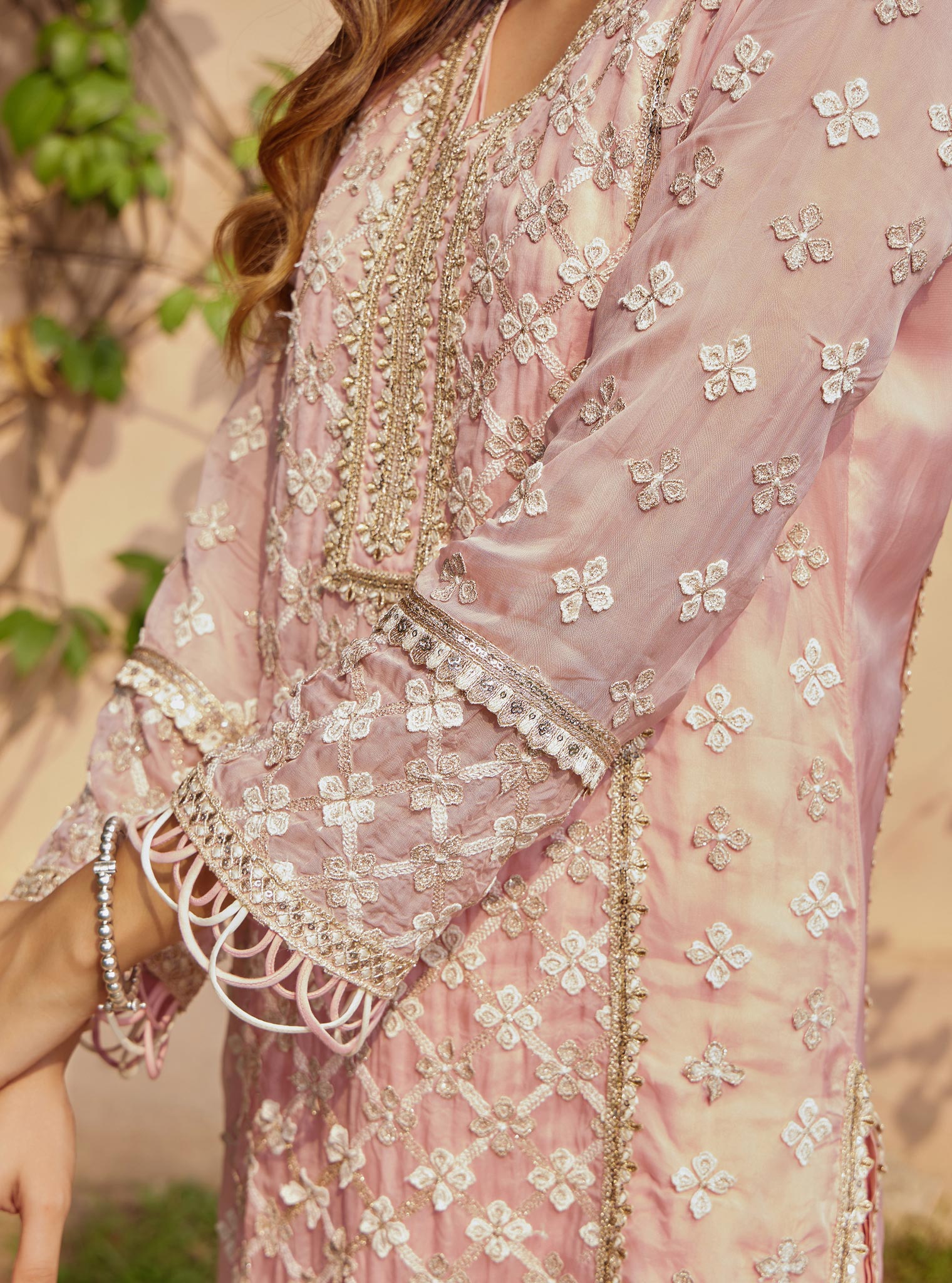 Mulmul Organza Citra Pink Kurta With Mulmul Crepe Citra Pink Skirt