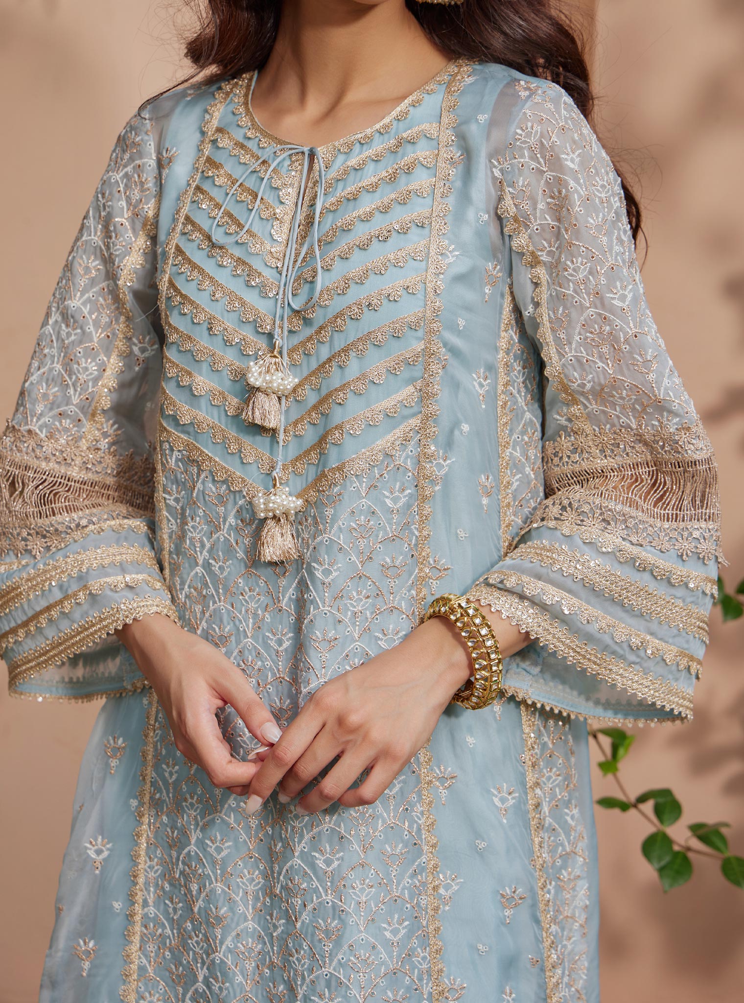 Mulmul Organza Vipas Blue Kurta With Mulmul Pima Vipas Blue Salwar