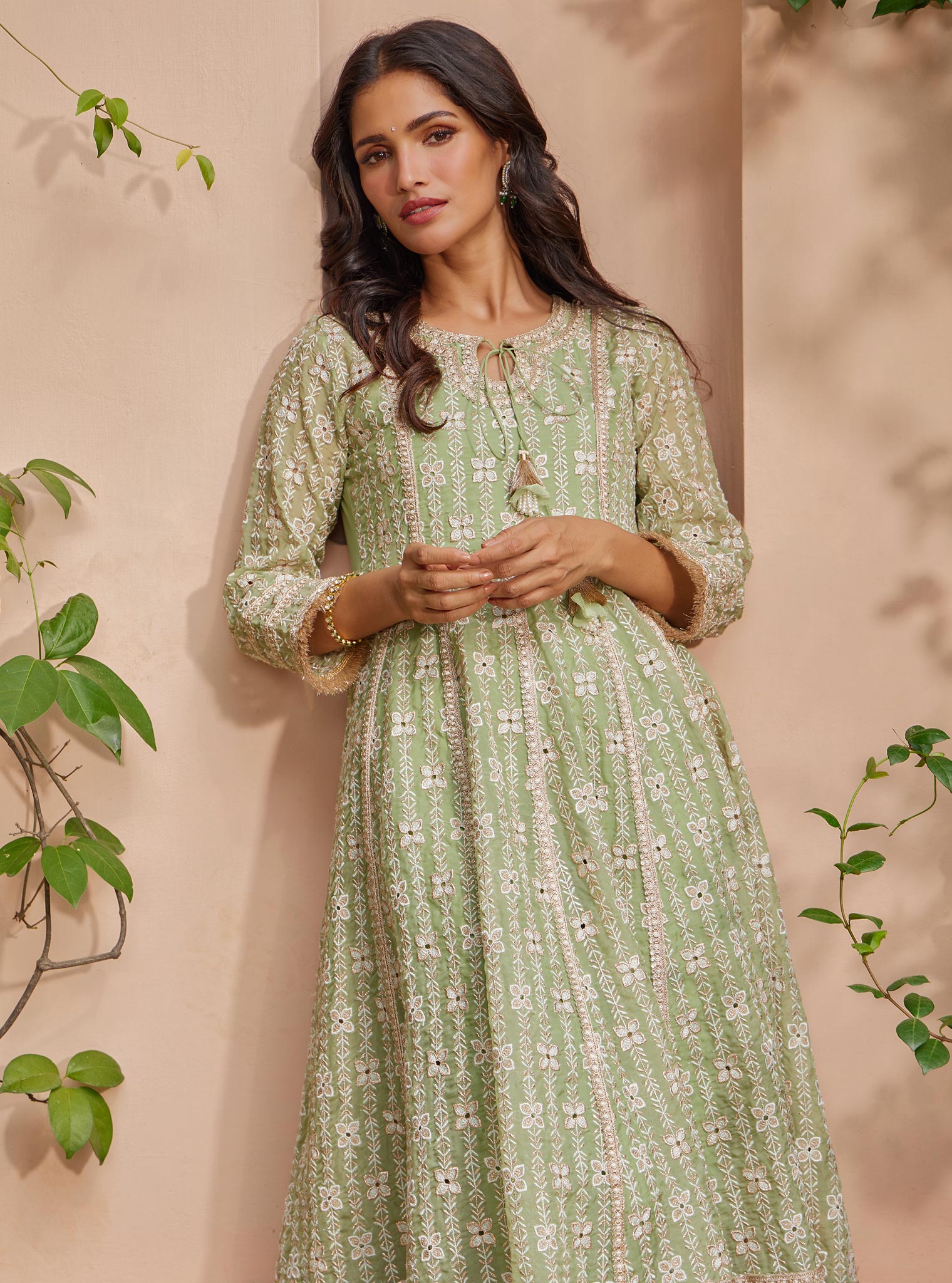 Mulmul Organza Arka Anarkali Green Kurta With Mulmul Pima Arka Green Pant