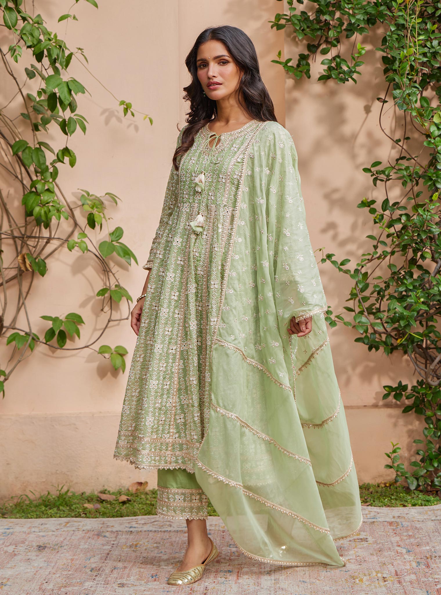 Mulmul Organza Arka Anarkali Green Kurta With Mulmul Pima Arka Green Pant