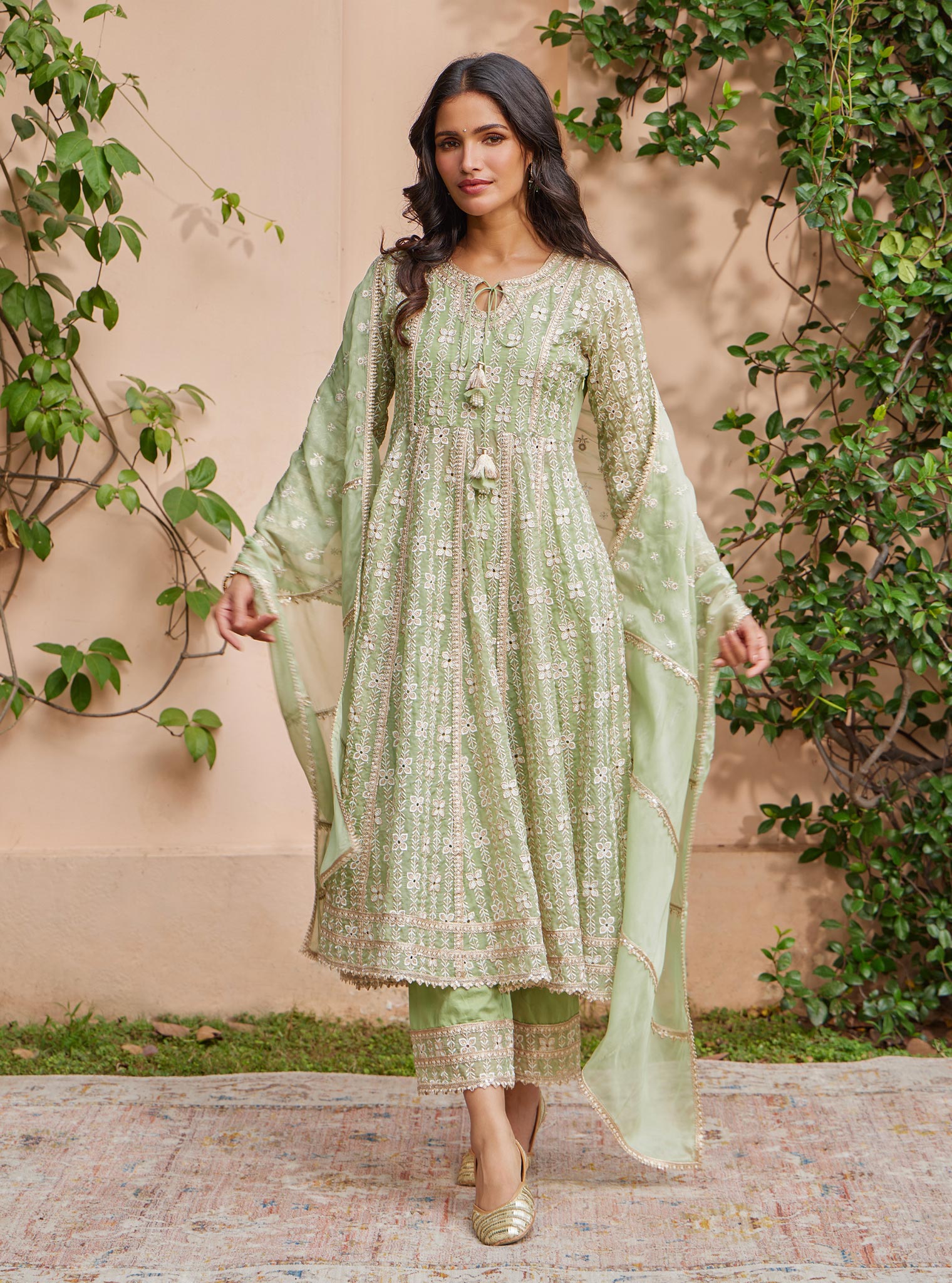 Mulmul Organza Arka Anarkali Green Kurta With Mulmul Pima Arka Green Pant