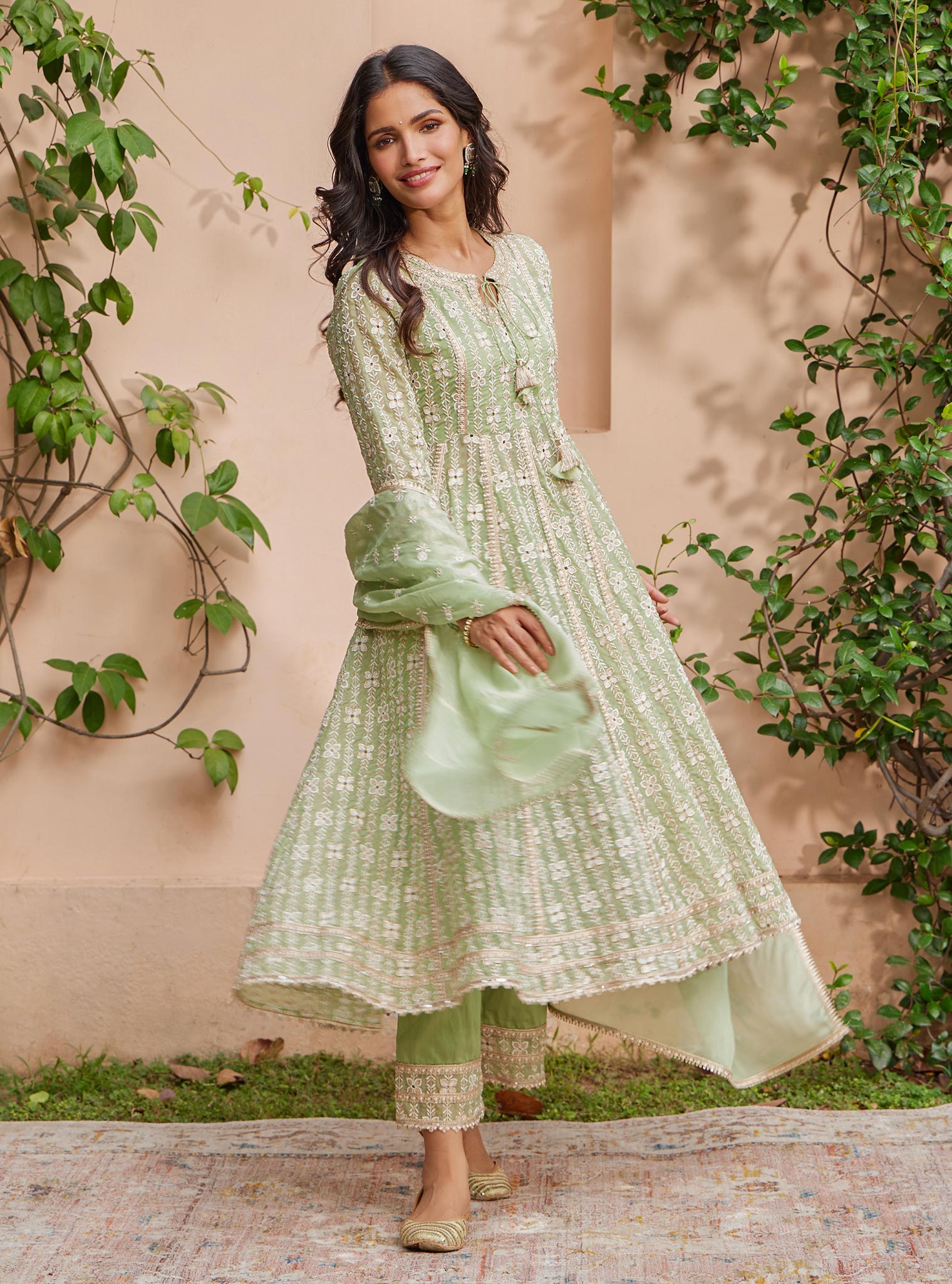 Mulmul Organza Arka Anarkali Green Kurta With Mulmul Pima Arka Green Pant