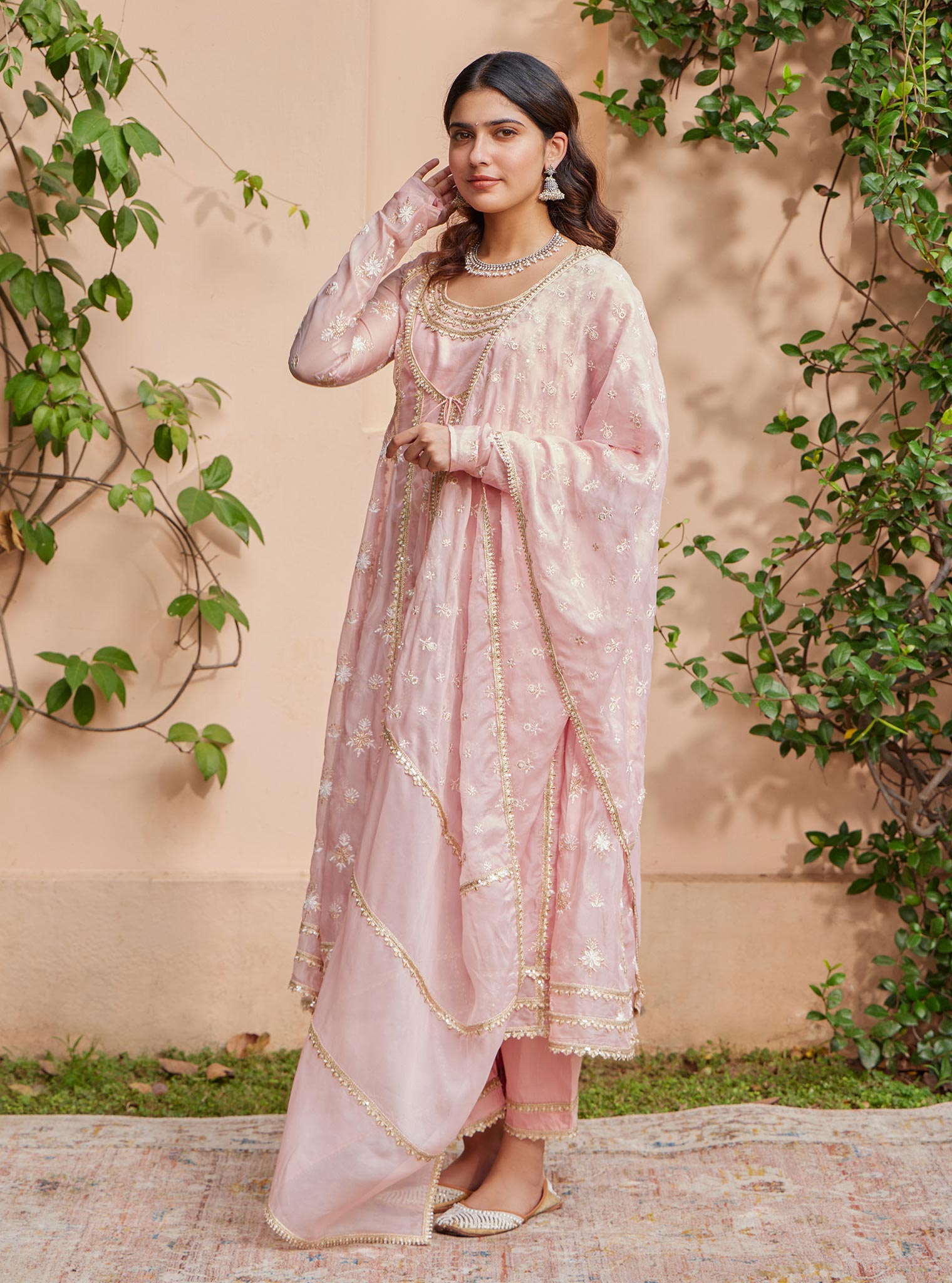 Mulmul Organza Agira Anarkali Pink Kurta With Mulmul Pima Agira Pink Pant