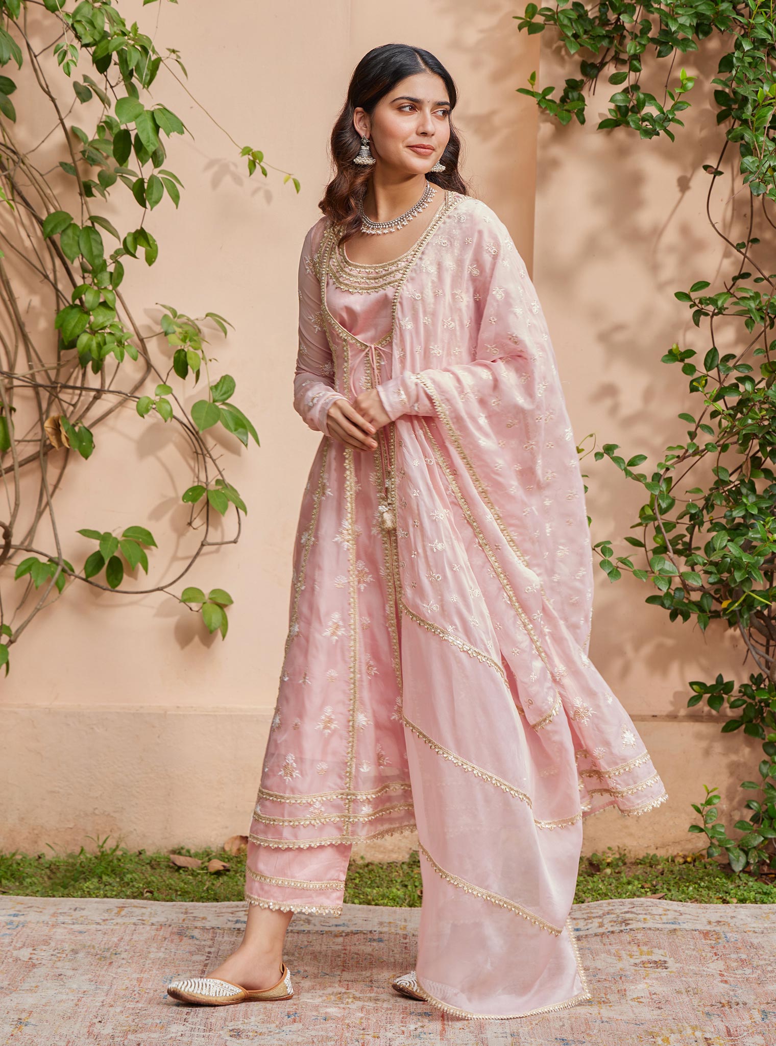 Mulmul Organza Agira Anarkali Pink Kurta With Mulmul Pima Agira Pink Pant