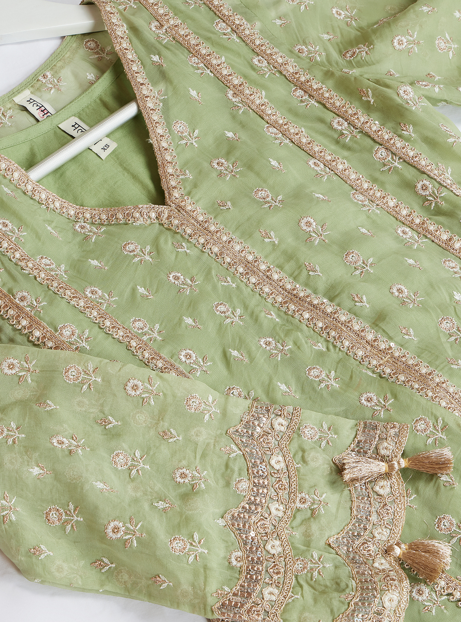 Mulmul Organza Smera Anarkali Green Kurta With Mulmul Pima Smera Green Pant