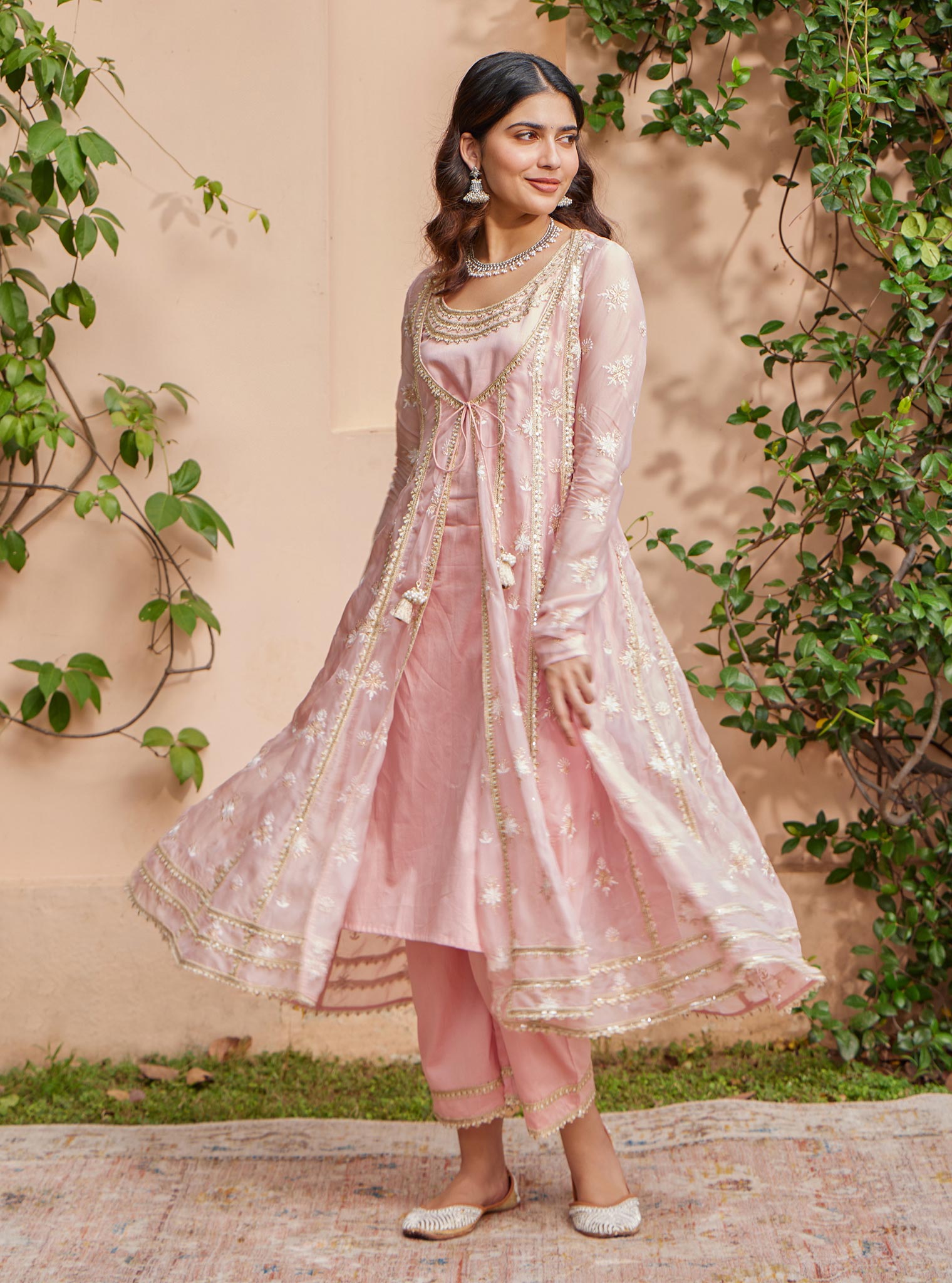 Mulmul Organza Agira Anarkali Pink Kurta With Mulmul Pima Agira Pink Pant