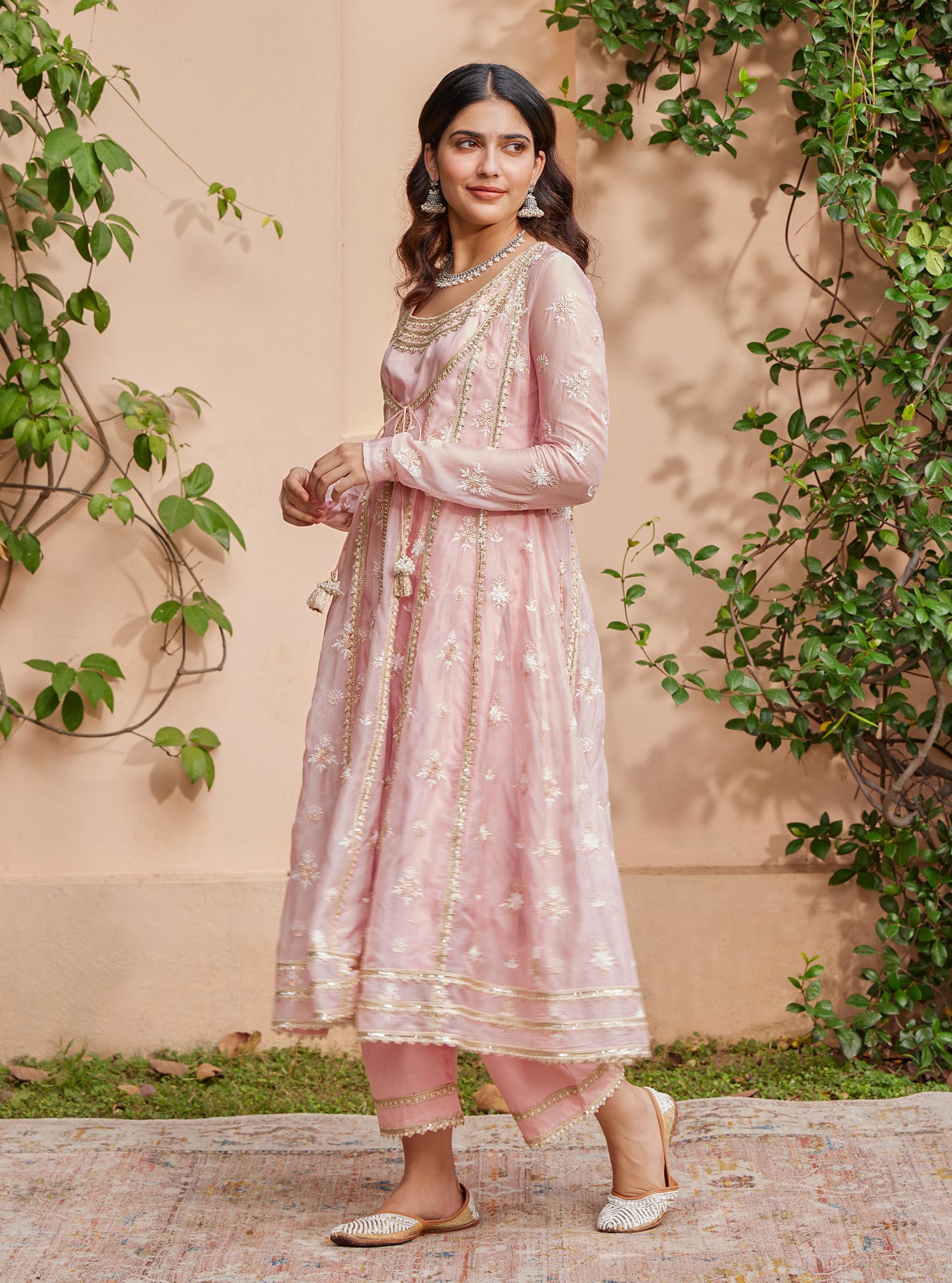 Mulmul Organza Agira Anarkali Pink Kurta With Mulmul Pima Agira Pink Pant