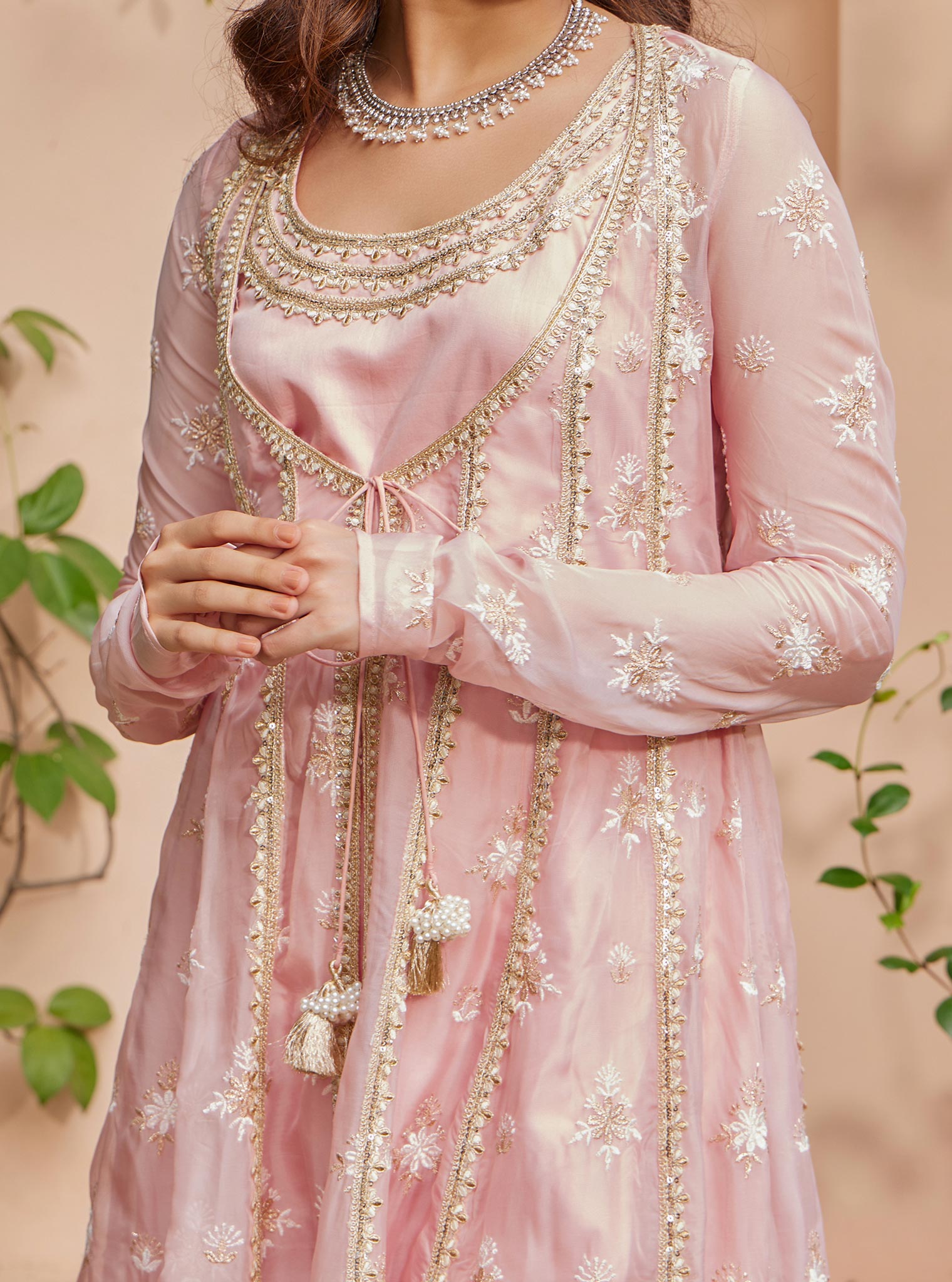 Mulmul Organza Agira Anarkali Pink Kurta With Mulmul Pima Agira Pink Pant