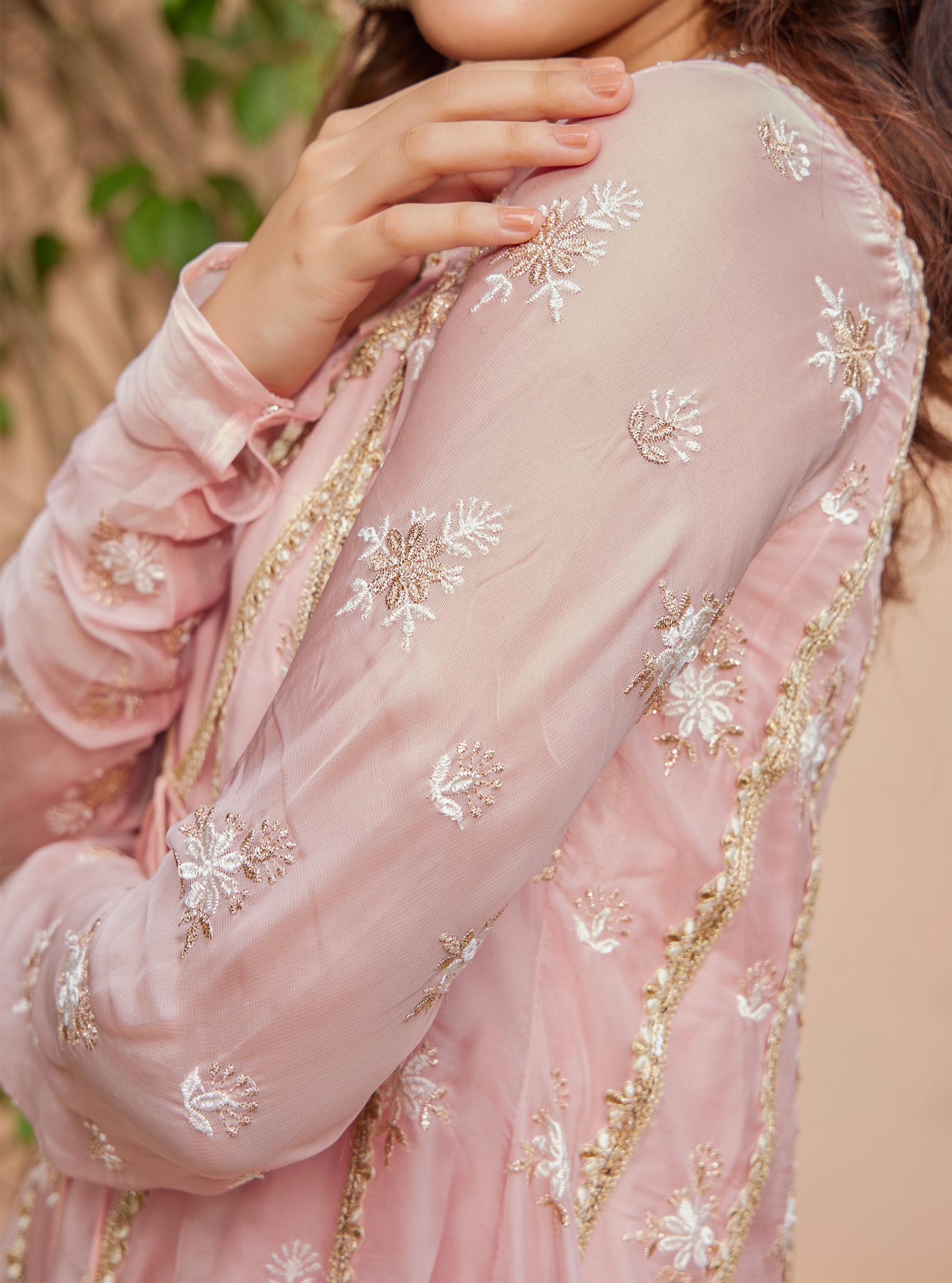 Mulmul Organza Agira Anarkali Pink Kurta With Mulmul Pima Agira Pink Pant