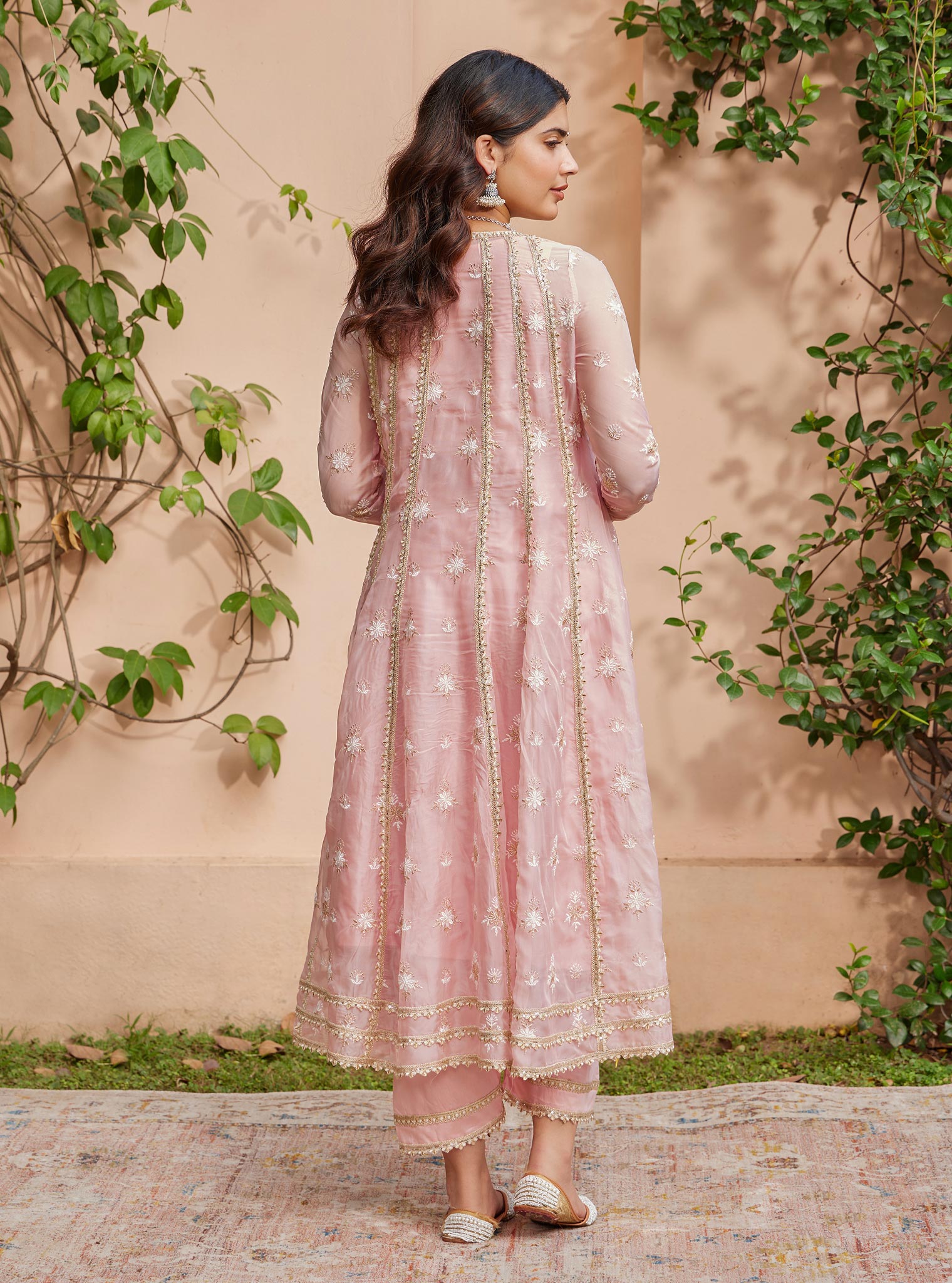Mulmul Organza Agira Anarkali Pink Kurta With Mulmul Pima Agira Pink Pant