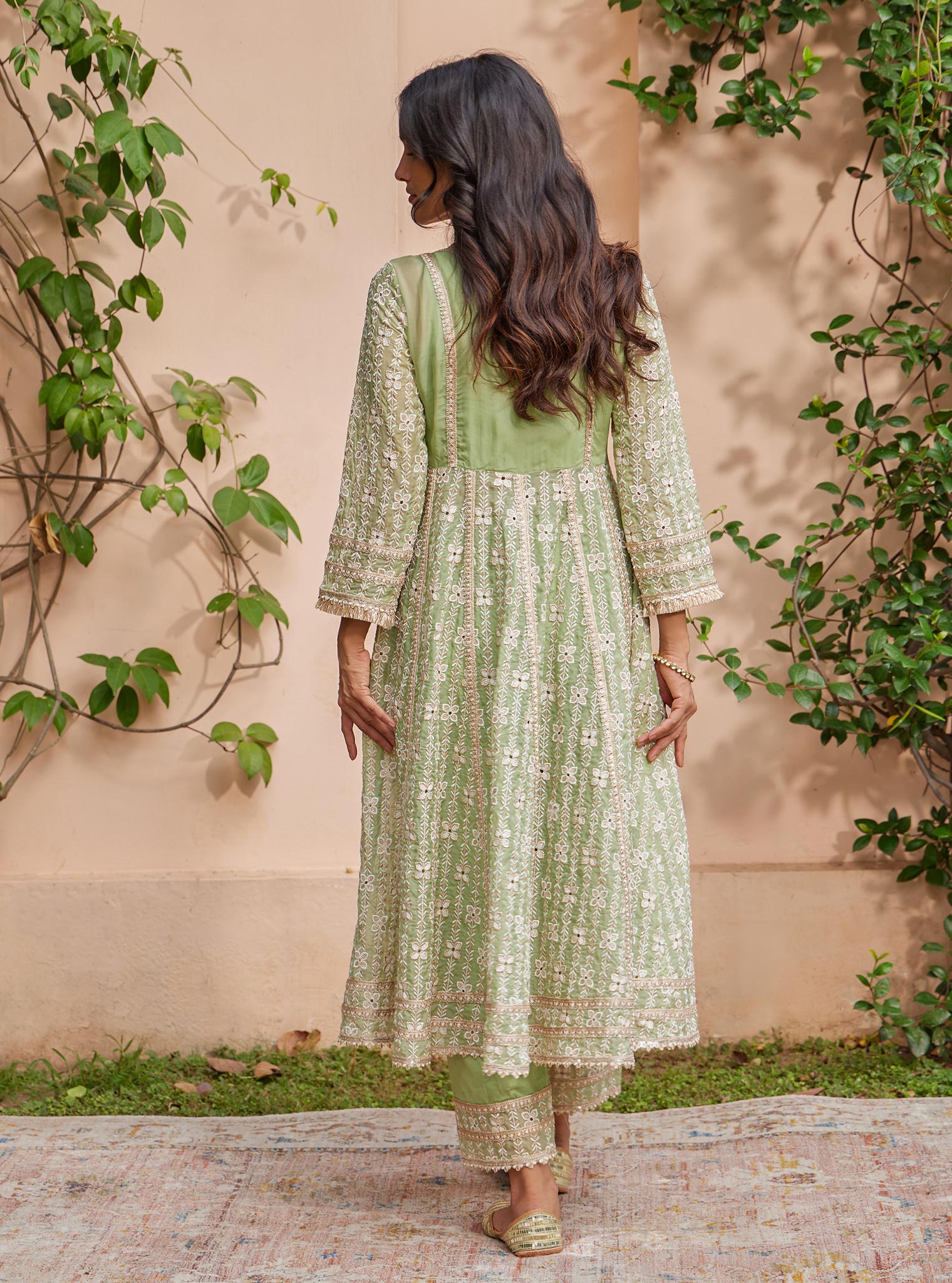 Mulmul Organza Arka Anarkali Green Kurta With Mulmul Pima Arka Green Pant