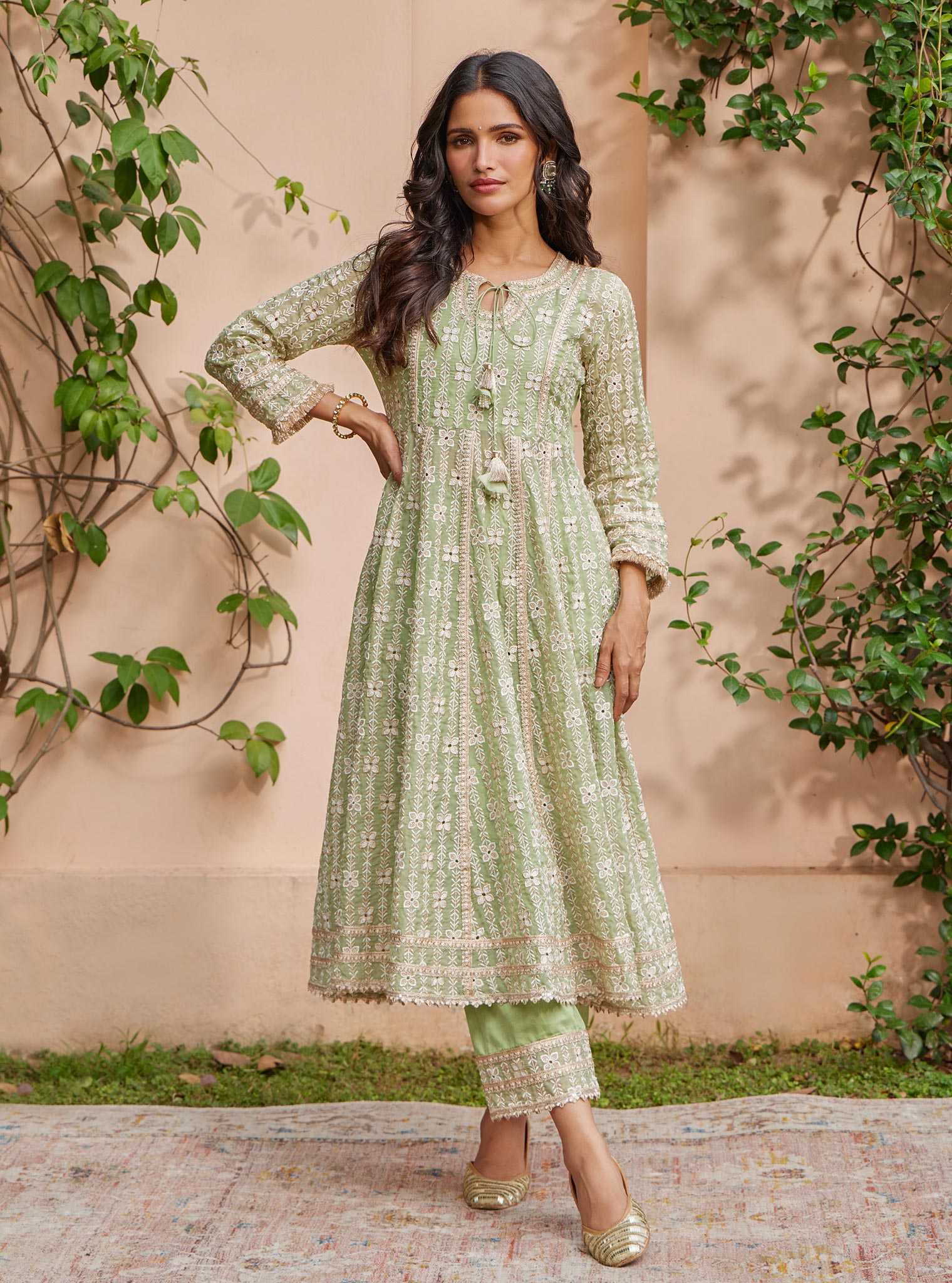 Mulmul Organza Arka Anarkali Green Kurta With Mulmul Pima Arka Green Pant