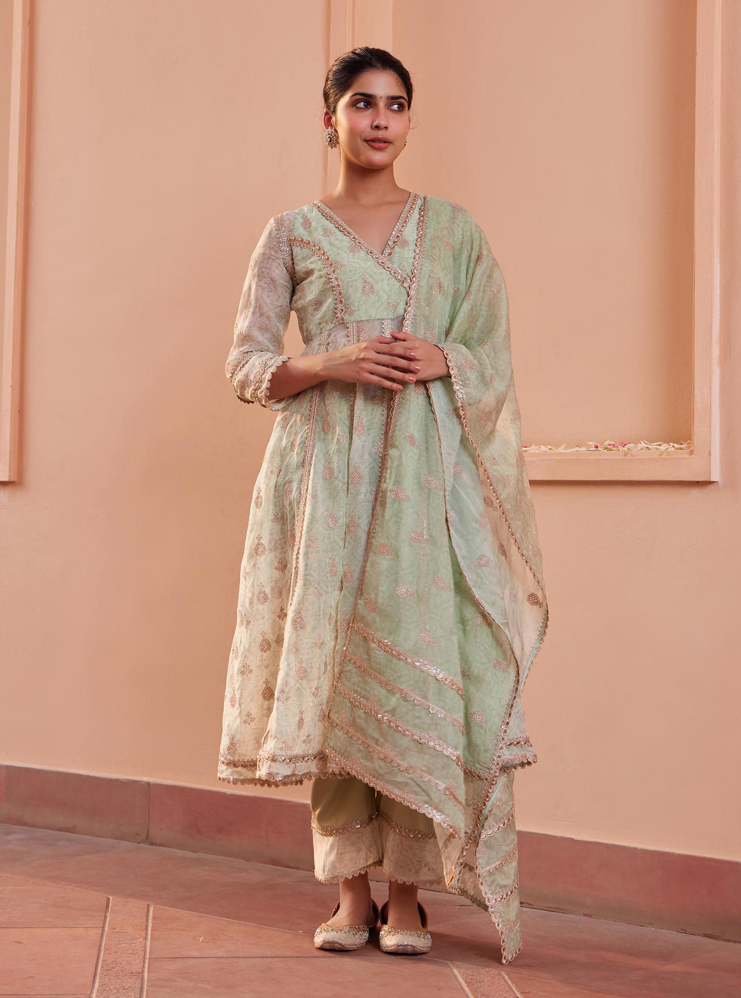 Mulmul Organza Vamsi Anarkali Green Kurta With Mulmul Pima Vamsi Green Pant
